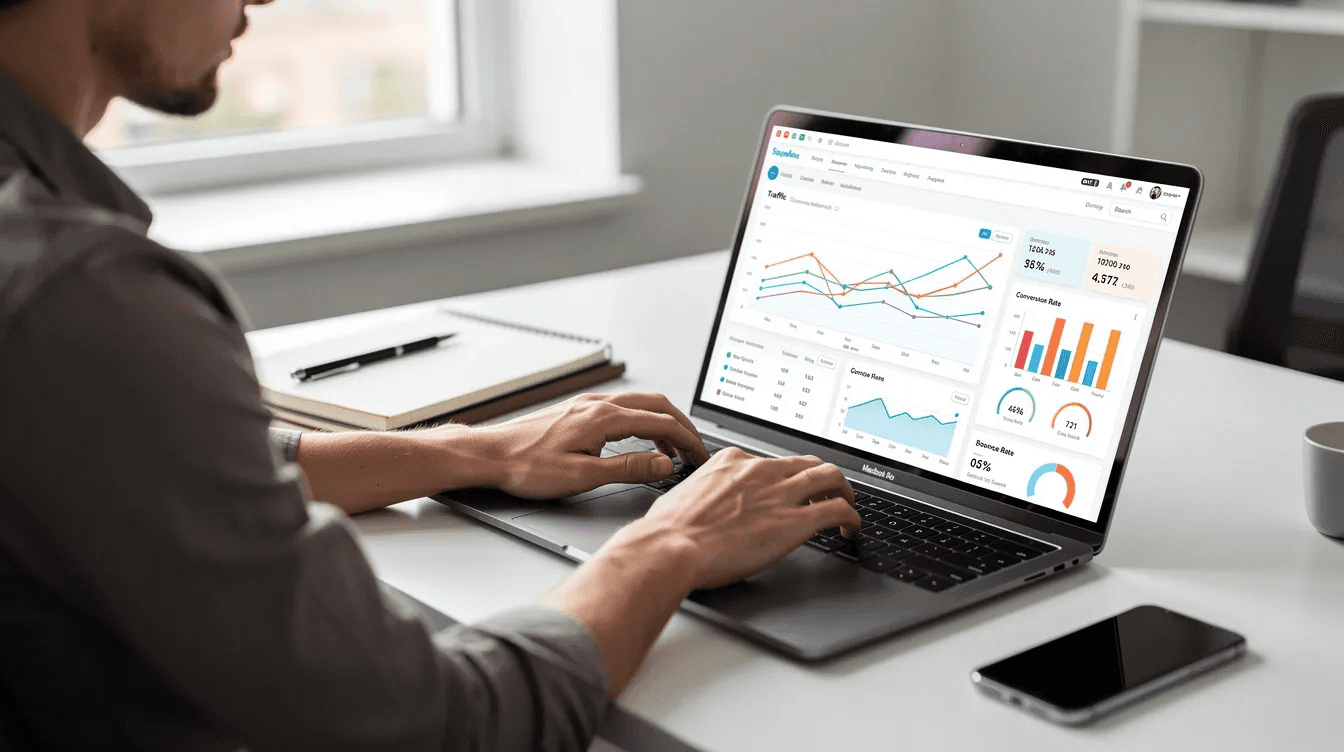 A person is seated at a desk, intently reviewing website analytics data displayed on their laptop screen, which is surrounded by notes and a coffee cup. This scene reflects the activities of a professional web design agency in Dubai, focusing on digital marketing strategies and business growth.