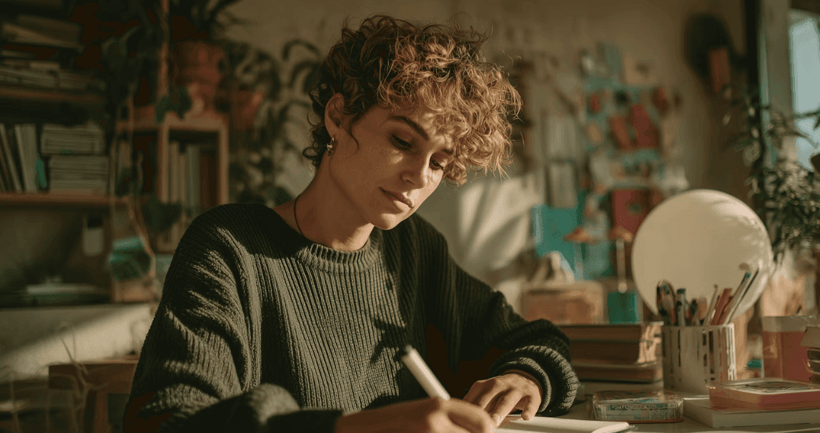 Person working at a desk with warm evening light