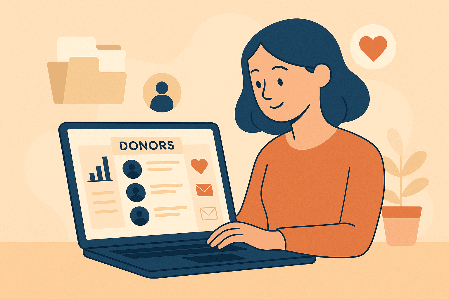 A nonprofit director reviews a clean donor CRM dashboard with heart and envelope icons, symbolizing organized and human-centered donor management.