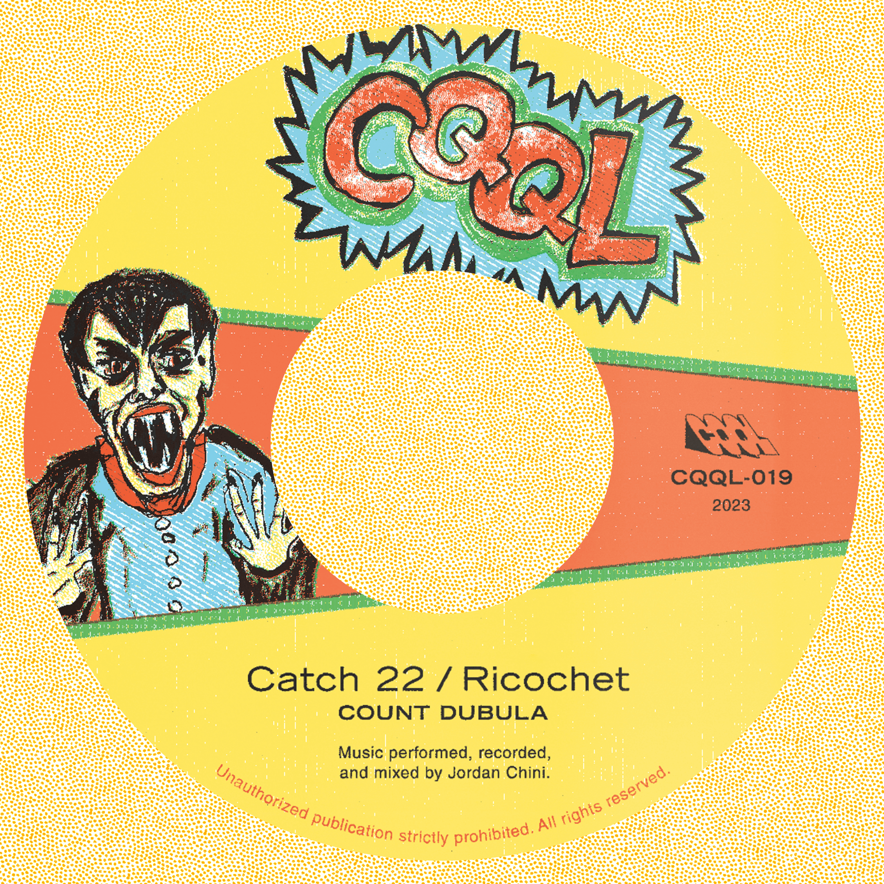 Vinyl record label with colorful design and text, featuring a vampire character and 'CQQL' branding.