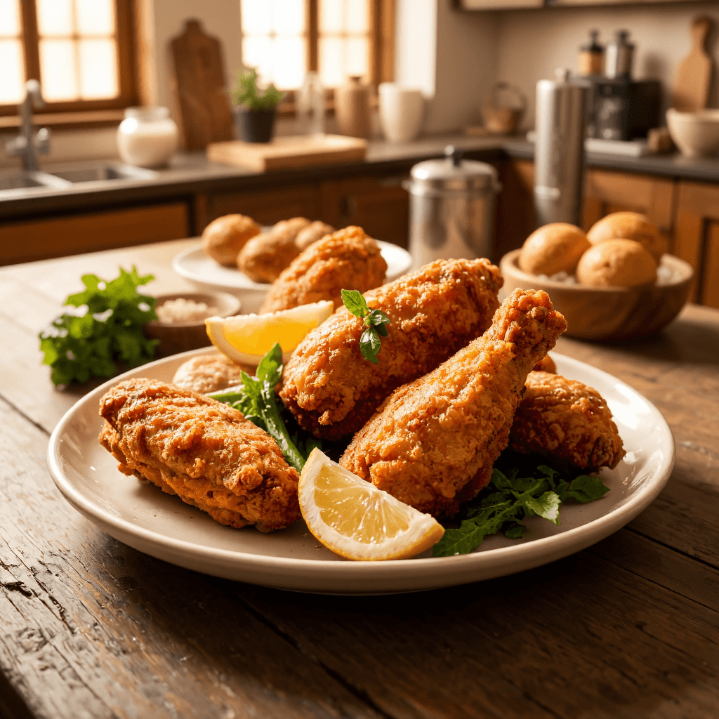 product photography of plate of fried chicken with sides