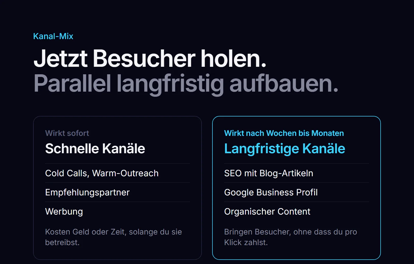 Kanal-Mix für mehr Website-Besucher: schnelle Kanäle wie Outreach und Werbung, langfristige wie SEO und Content