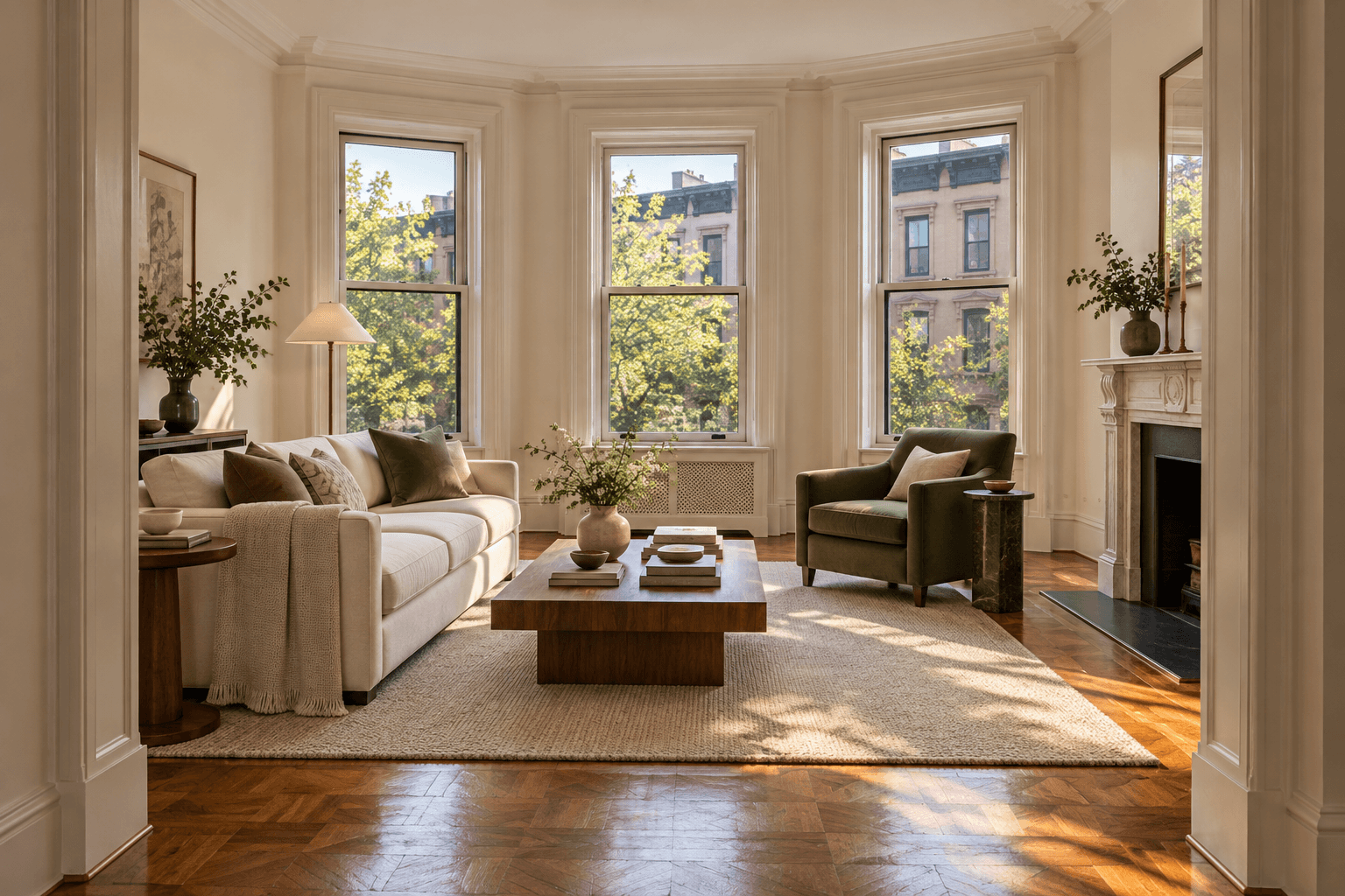 AI-generated illustration of a prewar NYC co-op living room with tall windows, parquet floors and classic architectural detail.