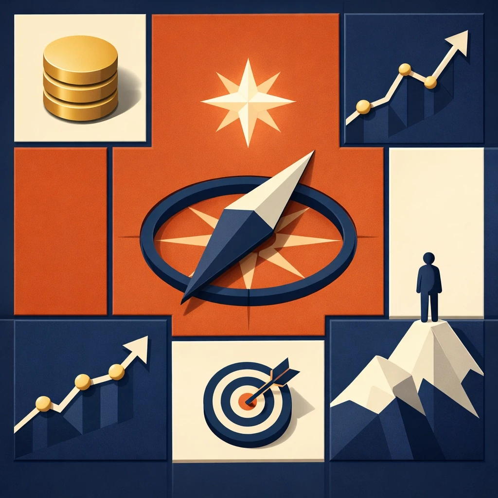 Compass and growth symbols in a grid layout representing a clear, psychology-driven path to business growth and results.