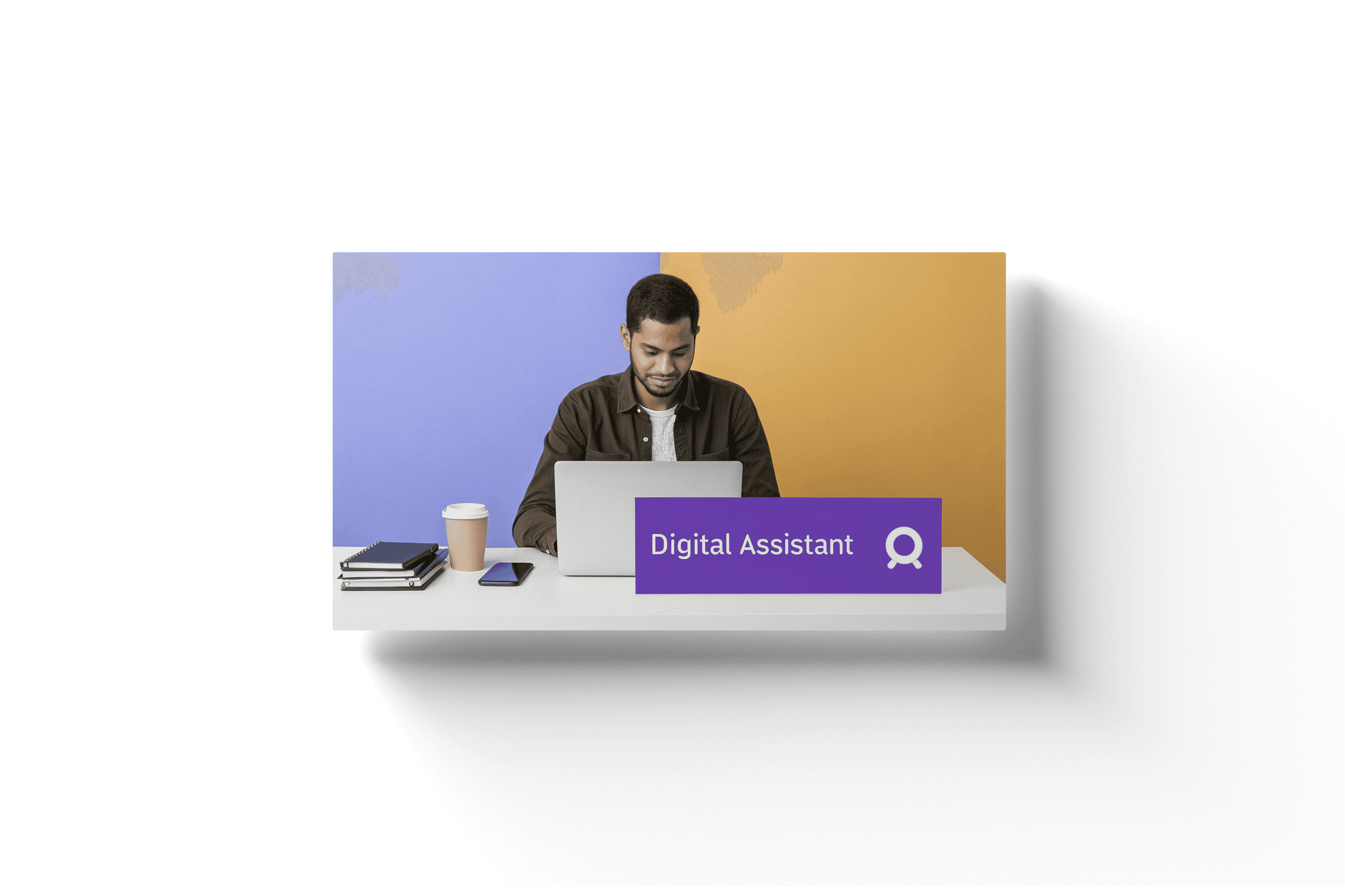 a man sitting at a laptop in front of a blue and yellow background with a purple banner that reads 'digital assistant'