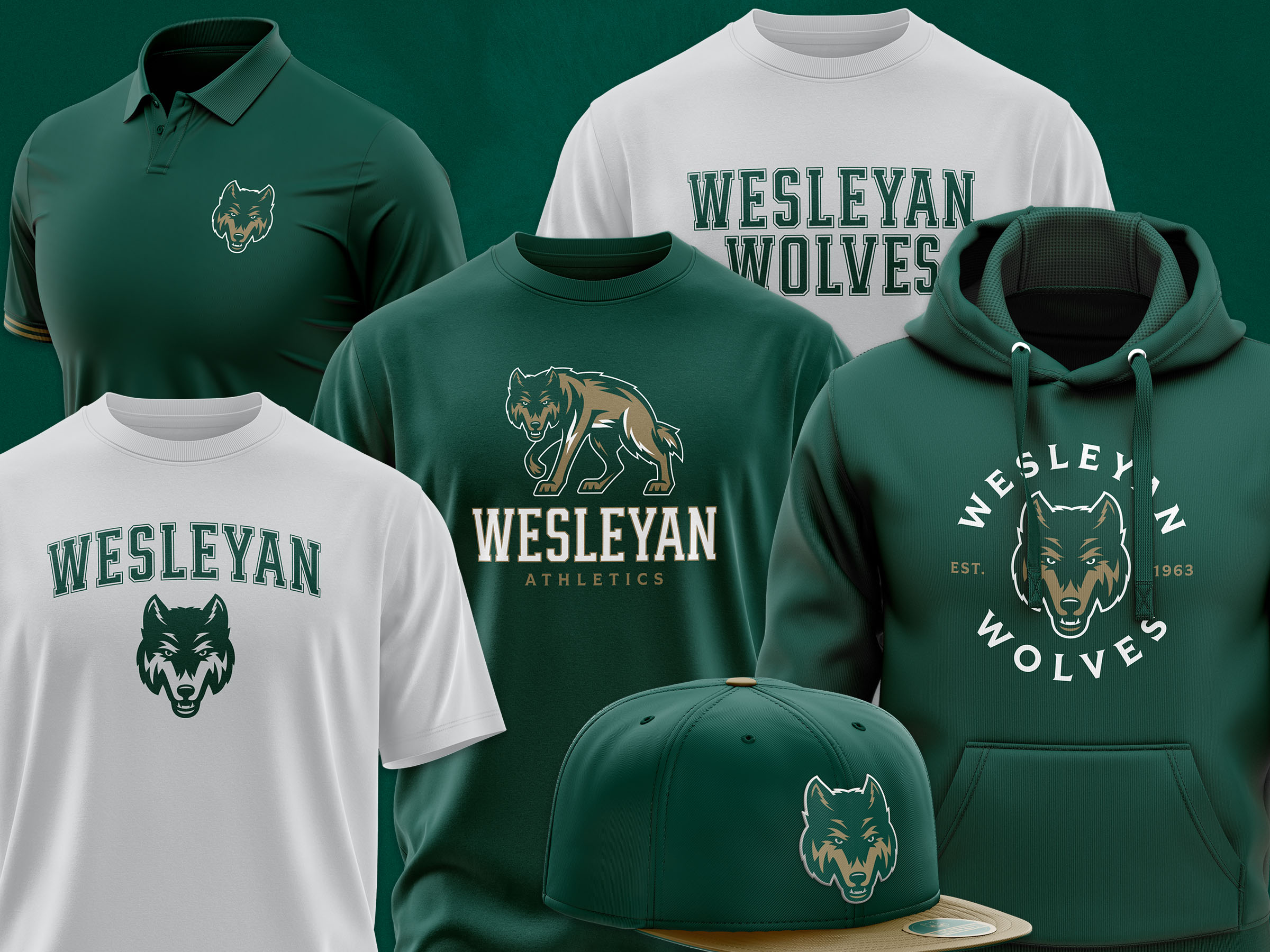 Wesleyan Wolves logo system mocked up on shirts, caps and hoodie.