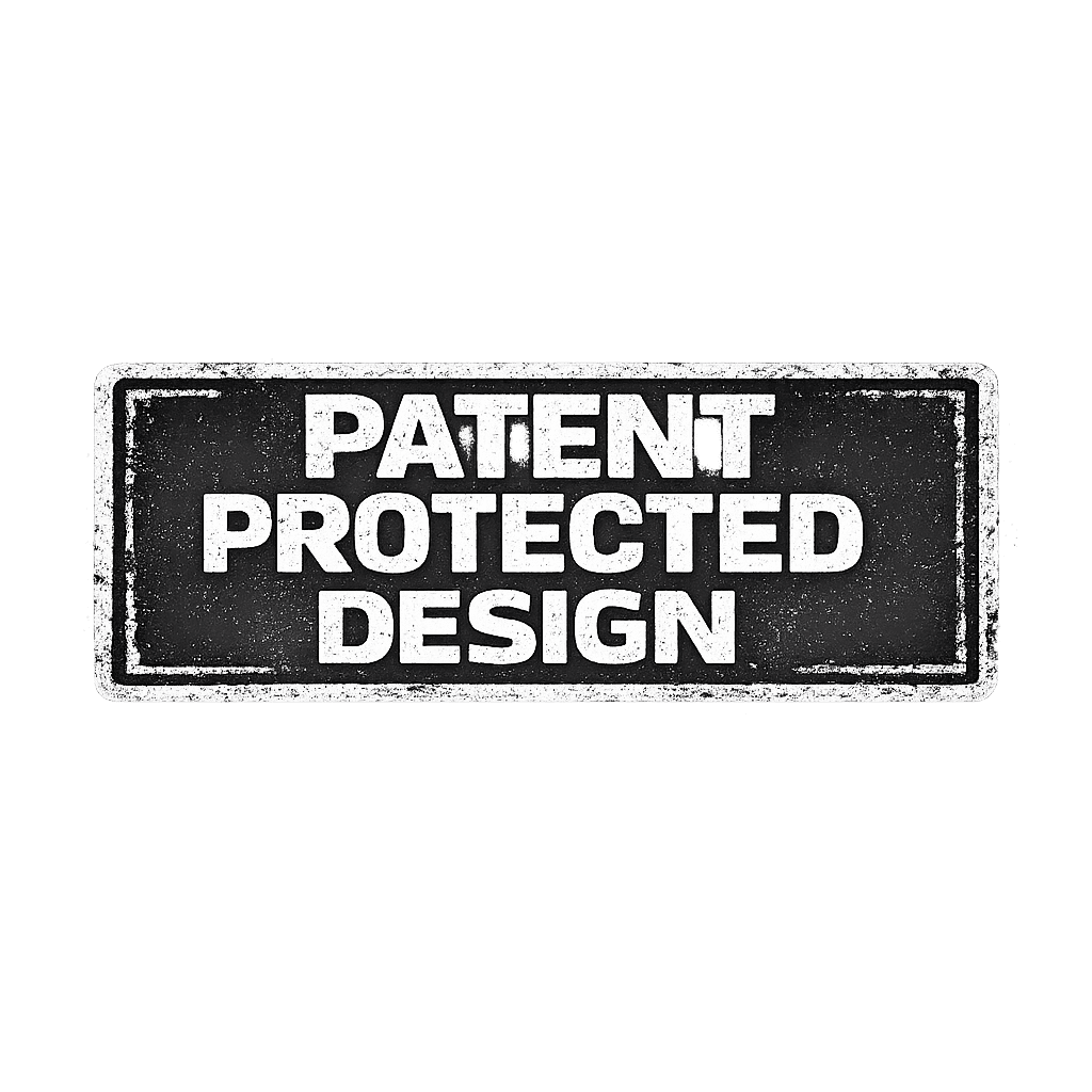 Bold "PATENT PROTECTED DESIGN" text on a distressed black background, emphasizing intellectual property rights.