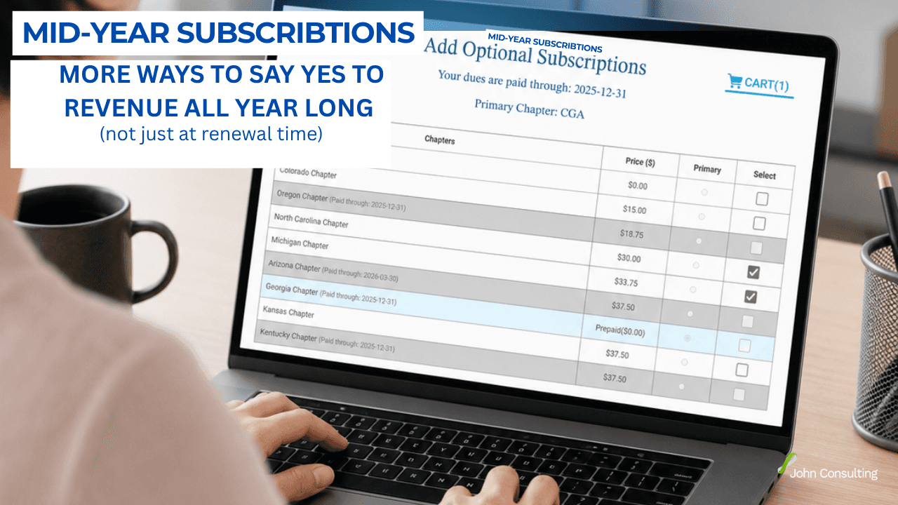 Laptop displaying John Consulting's mid-year subscriptions platform for nonprofit membership management.