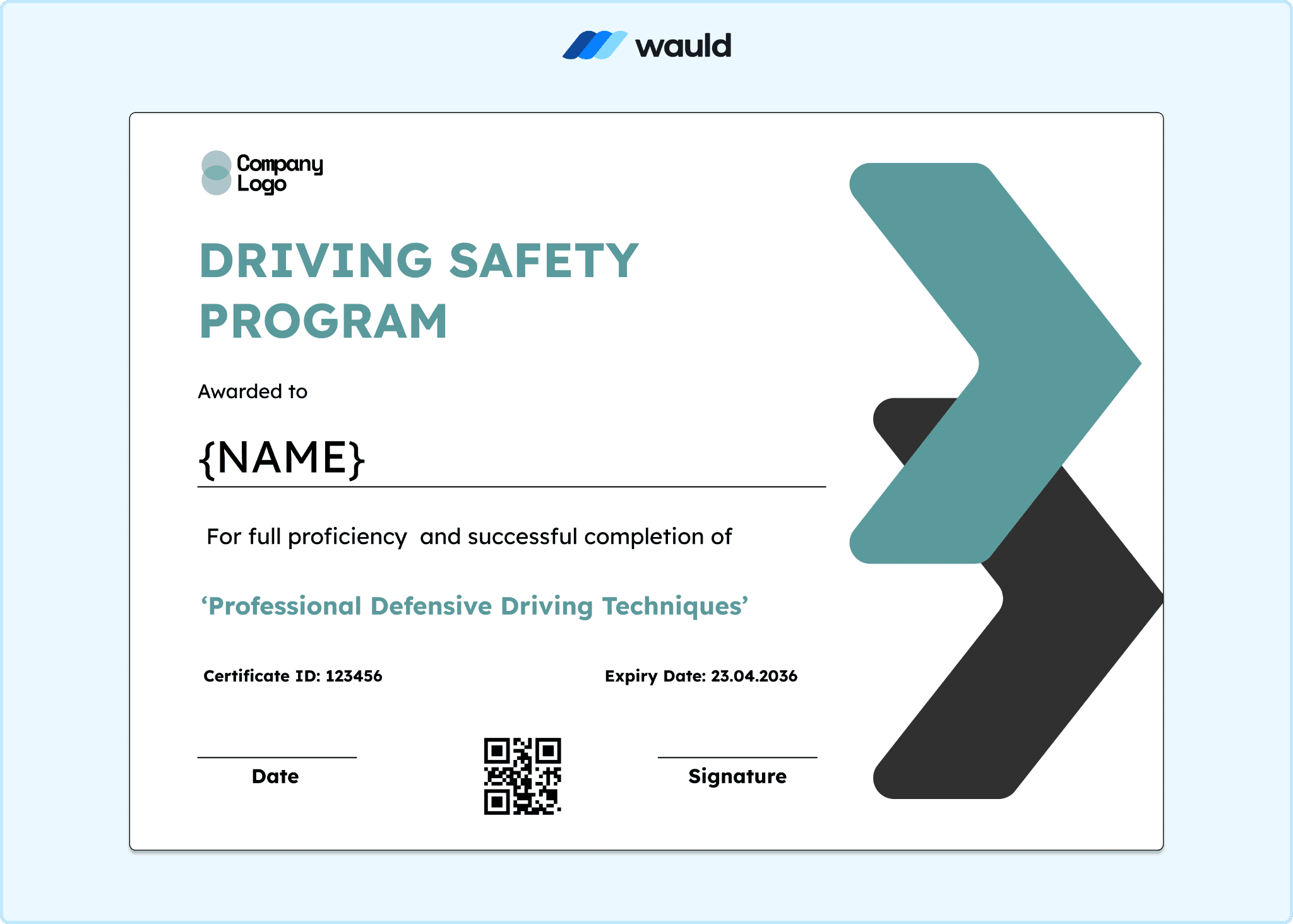Driving safety program certificate with teal and grey chevron accents, clean white layout, recipient name field, course completion details, certification information, and QR code