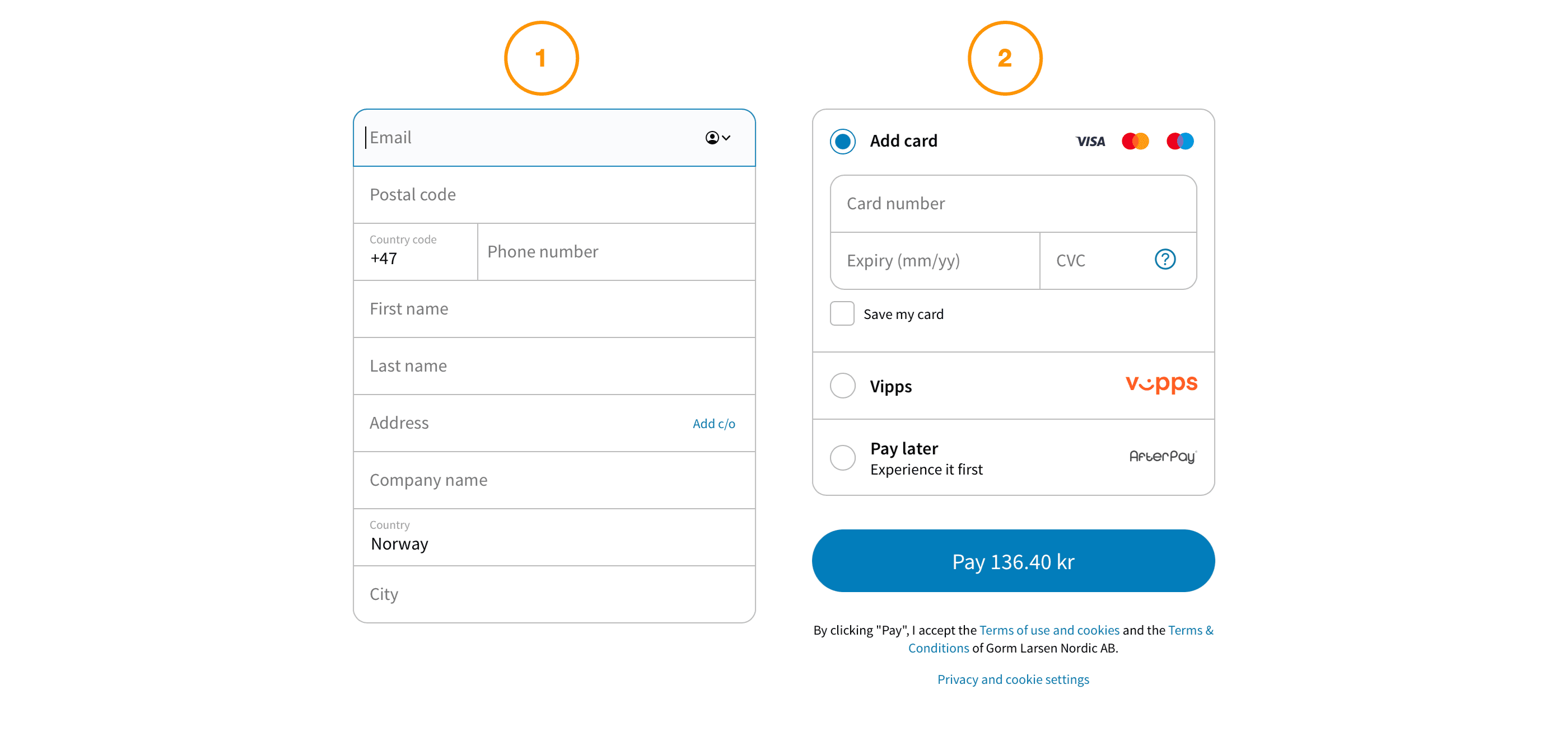 Zweistufiges Checkout-Formular mit Kundendaten und Zahlung per Karte, Vipps oder AfterPay: der Ablauf, den Betrugsfilter ohne Reibung schützen müssen.
