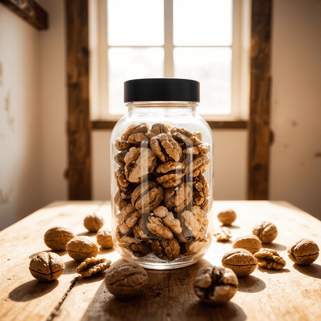 product photography of a jar of walnuts, used as a snack or ingredient