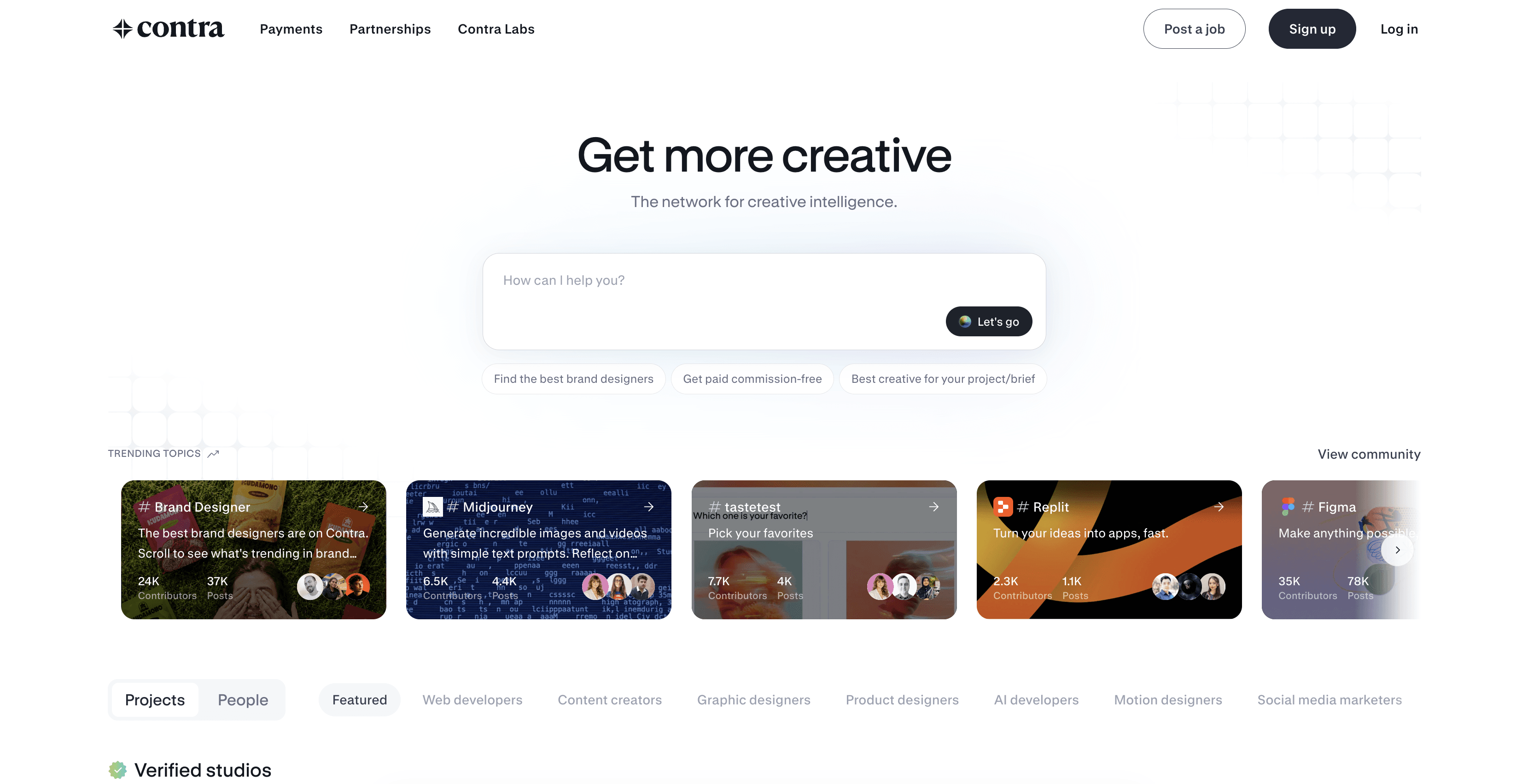 Contra homepage showing creative professionals, projects, and talent discovery tools.