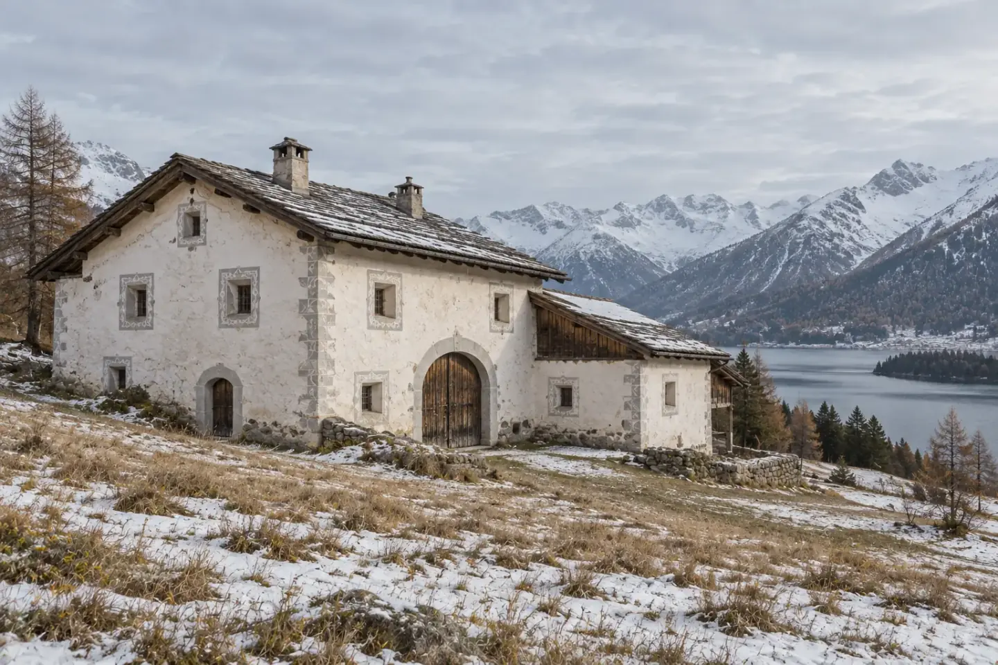 A white Engadin farmhouse with an arched barn door, snow and mountains behind