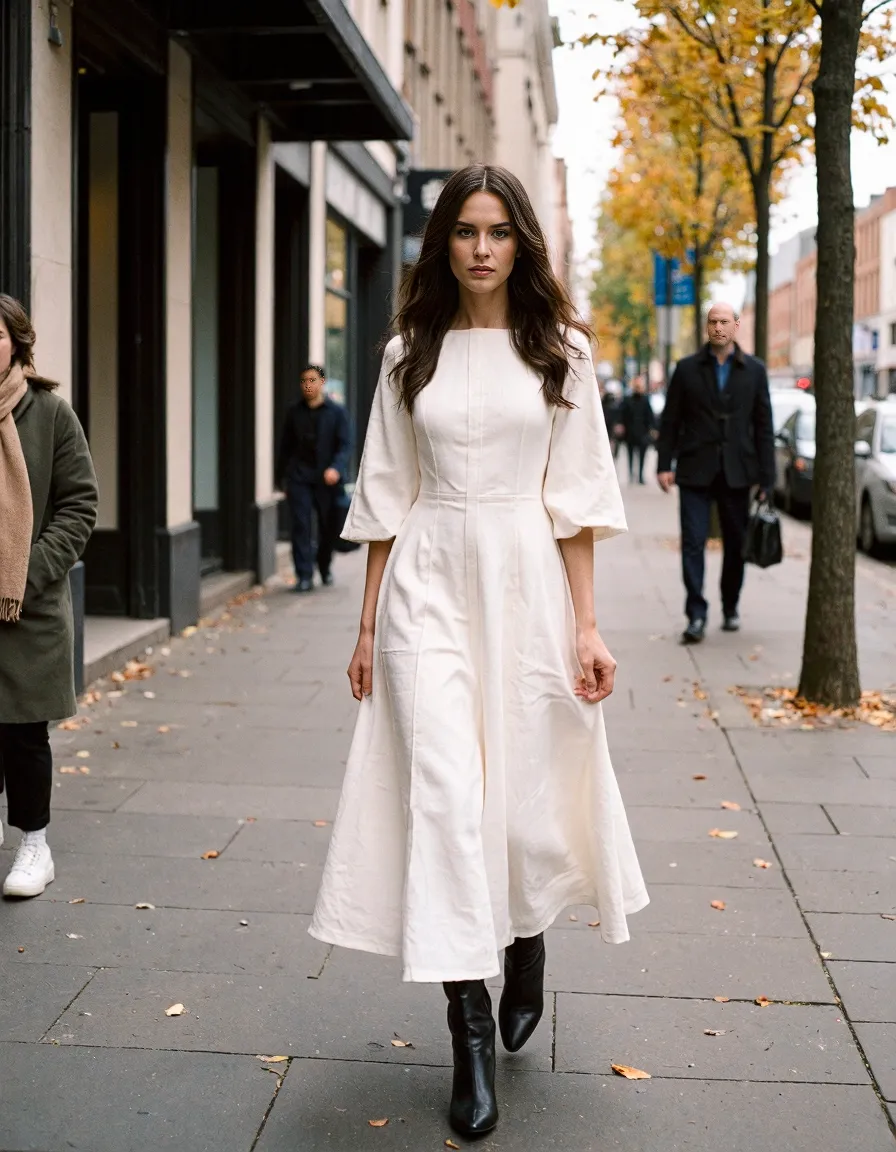 Person in flowing white dress with bell sleeves walking down city sidewalk in autumn, with fall trees and urban buildings in background