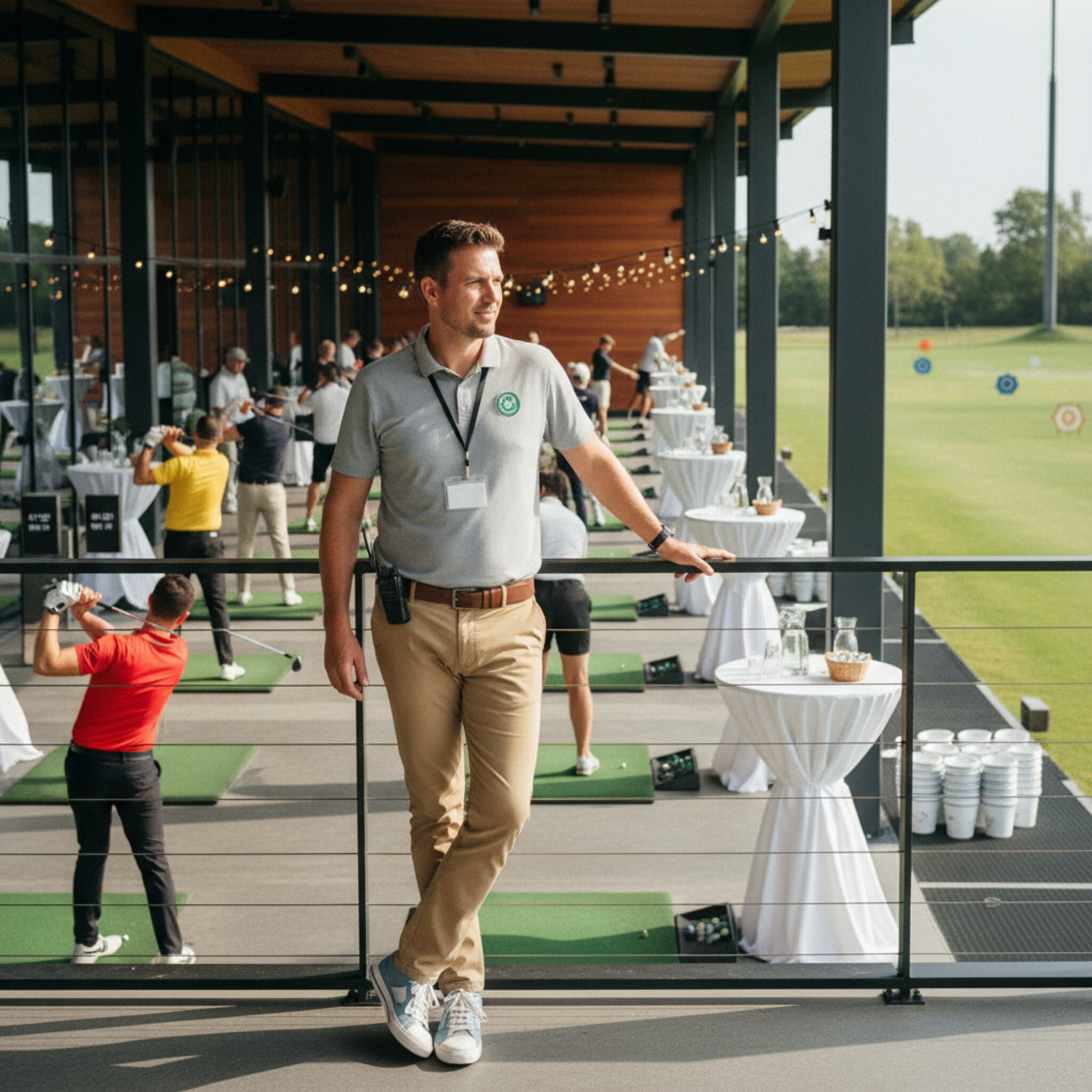 Ein Range-Mitarbeiter blickt von der Terrasse über die Bays, Funkgerät am Gürtel. Spielgruppen rotieren ruhig durch, freie Plätze füllen sich nahtlos. Im Hintergrund wird ein Eventbereich vorbereitet. Alles wirkt abgestimmt, die Abläufe sitzen.