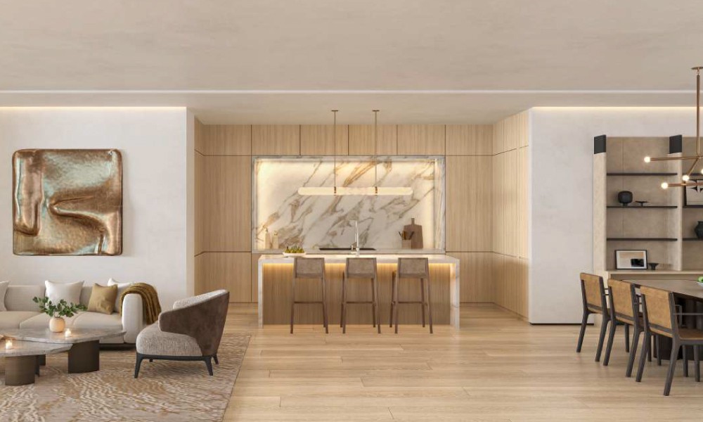  A modern living room featuring a dining table and chairs at The Residences at Dubai Beach Edition.