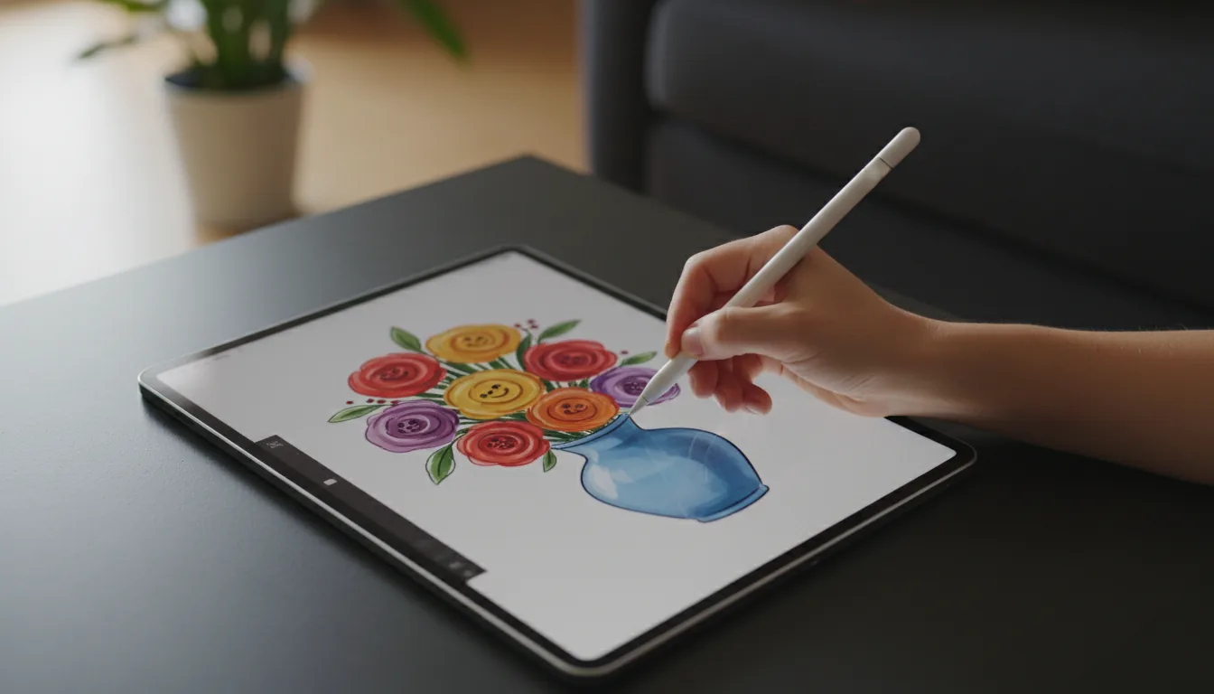 DSLR photograph from a high angle, showing a person's hand holding a white stylus and drawing on a large tablet, which resembles an iPad Pro. The screen displays a colorful digital illustration of a flower bouquet in a blue vase. The tablet is resting on a dark, matte charcoal table. The scene is illuminated by soft, natural daylight. In the background, there is a soft-focus bokeh effect showing a dark sofa and a small green plant in a white pot. The focus is sharp on the hand and the tablet, creating a shallow depth of field.