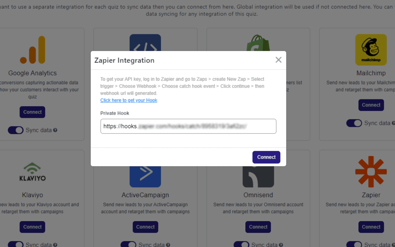 Quizify Zapier popup