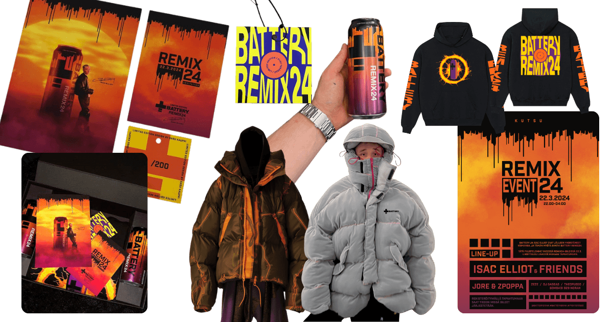 battery remix 24 x isac elliot campaign details, including merch and visuals