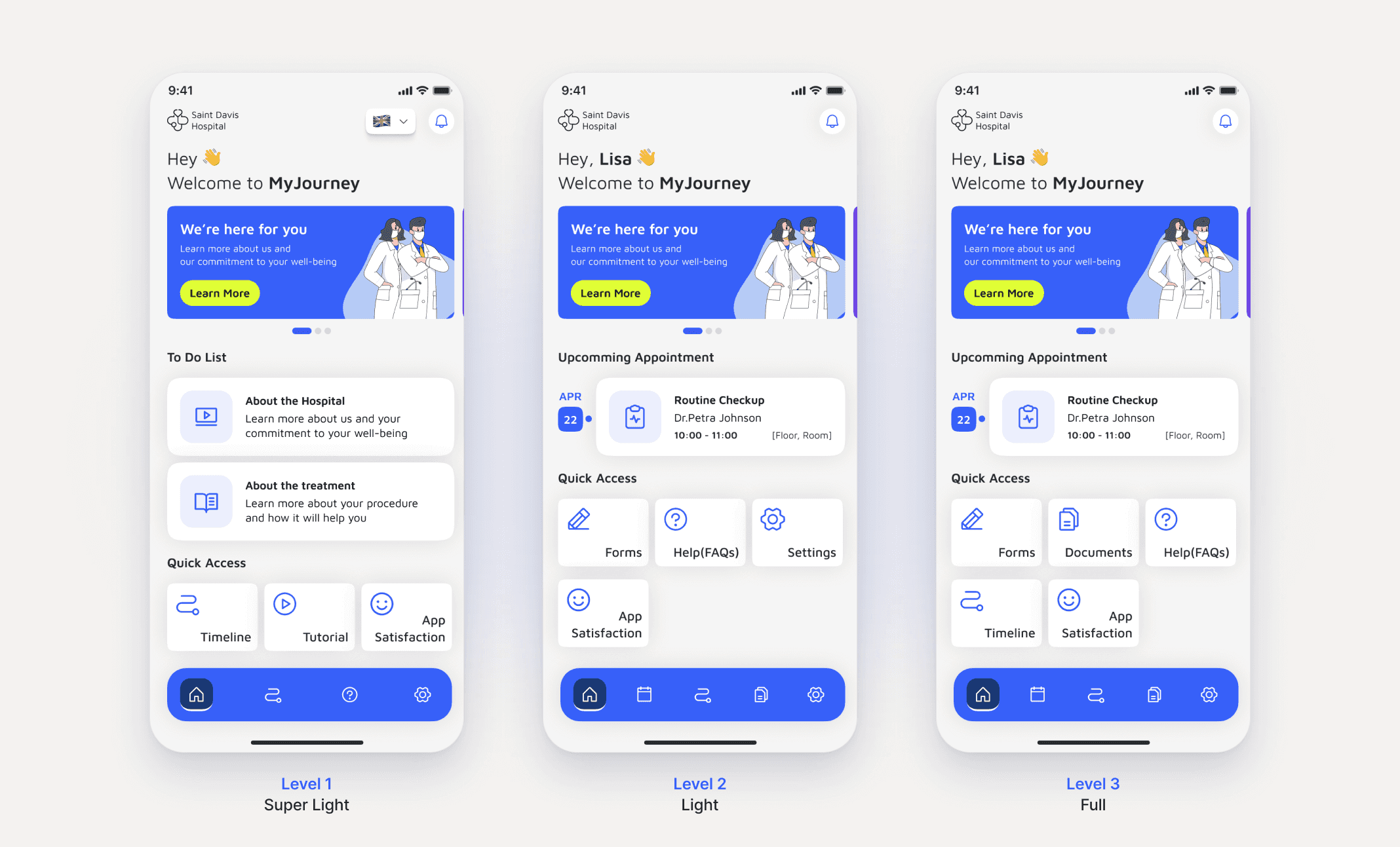 Home screens for the three adoption levels