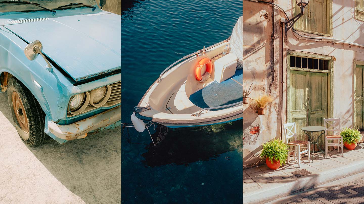 Three vertcal images taken in greece of a blue truck, a small boat, and chairs in front of a building