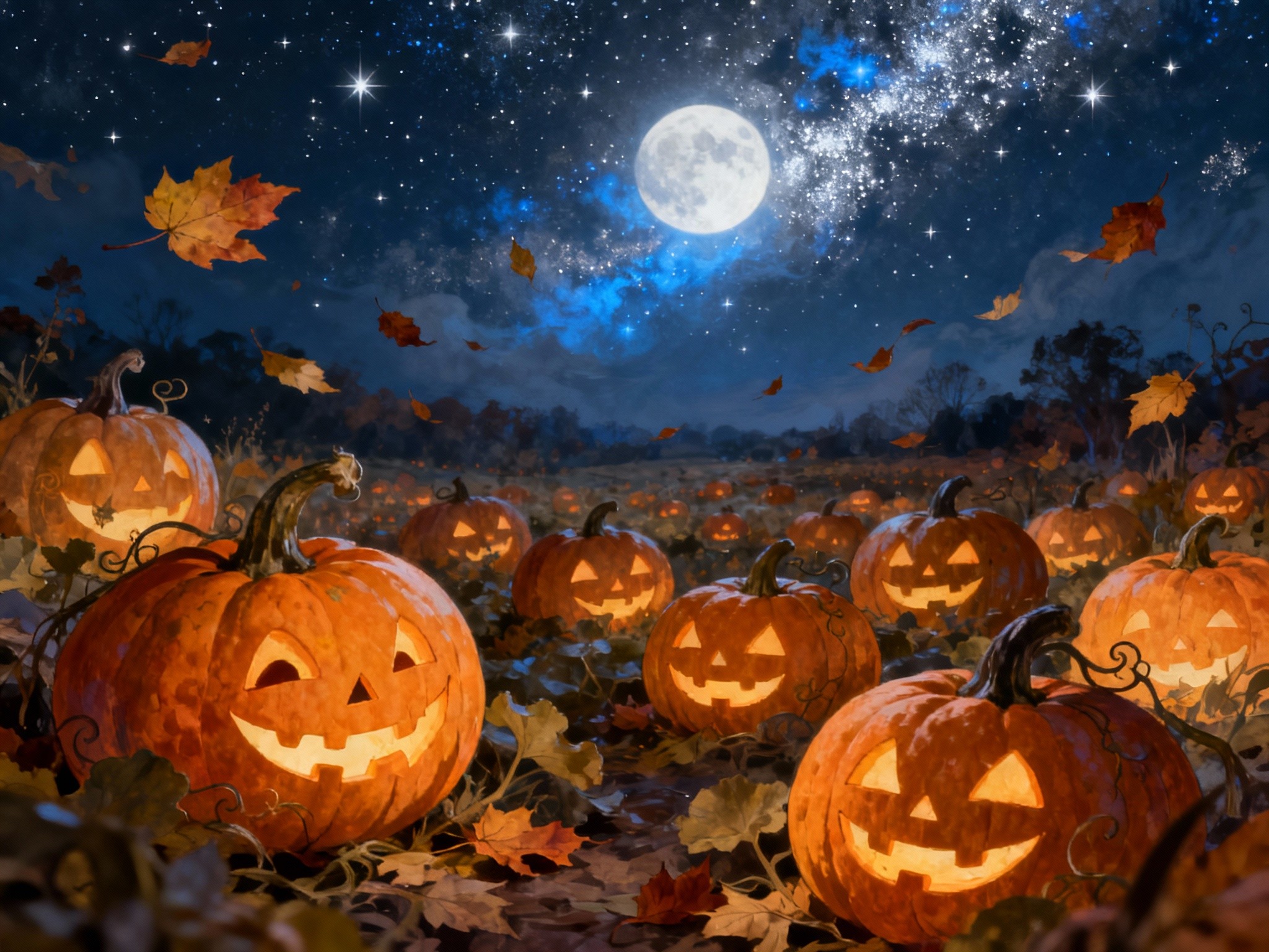 A fine-art illustration in a format illustrating a magical nighttime pumpkin patch under a starry