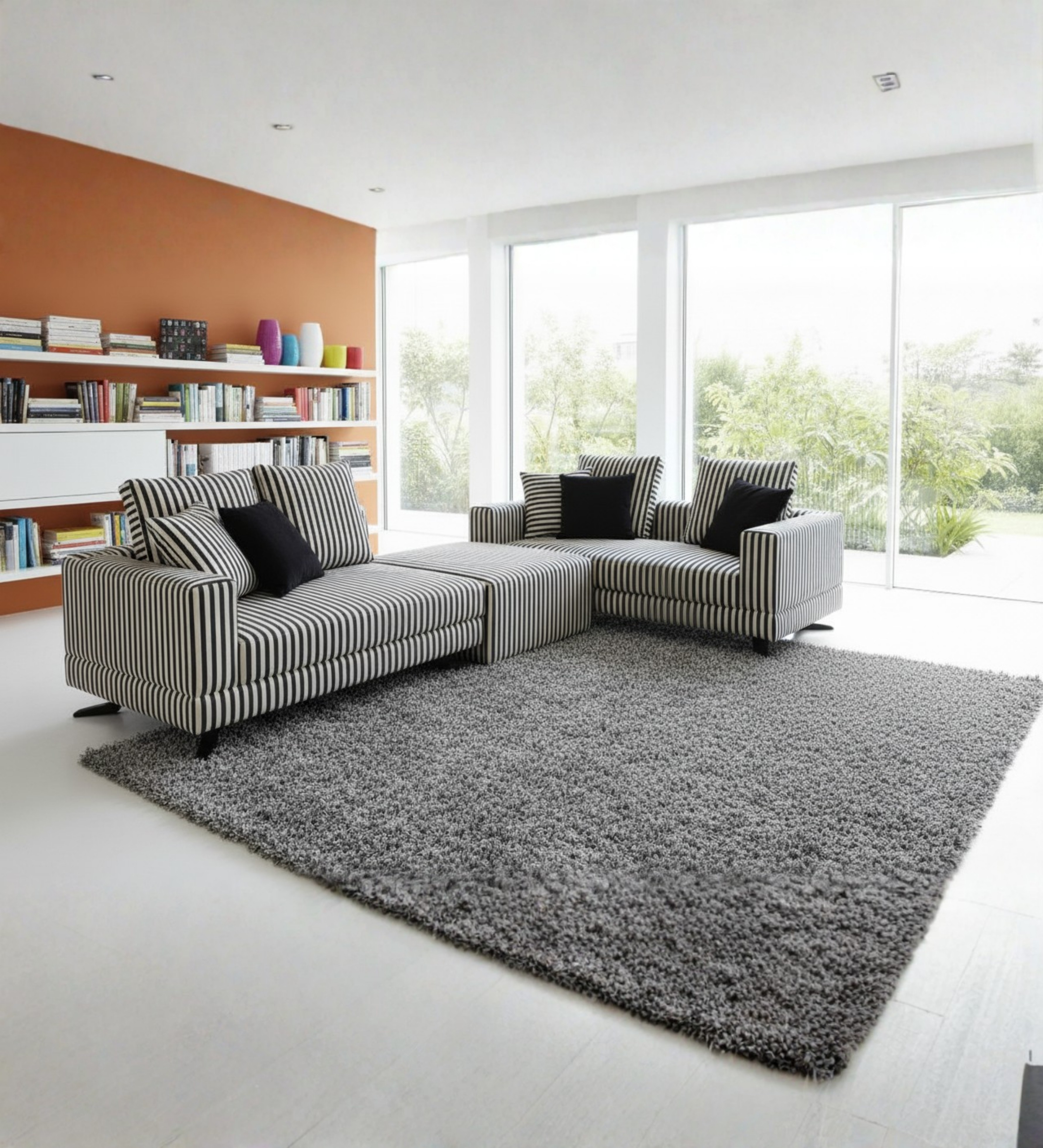Black-and-white sectional with bold geometric lines.