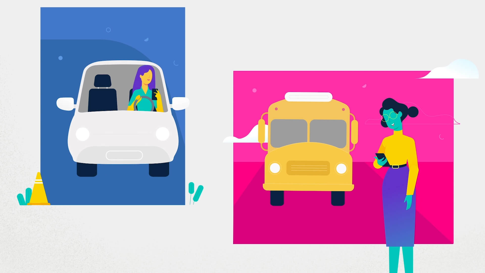 Split screen in two on one yellow school bus and a full figure of a young woman, on a vibrant pink abstract background, and the other woman driving a white car on a dark blue background