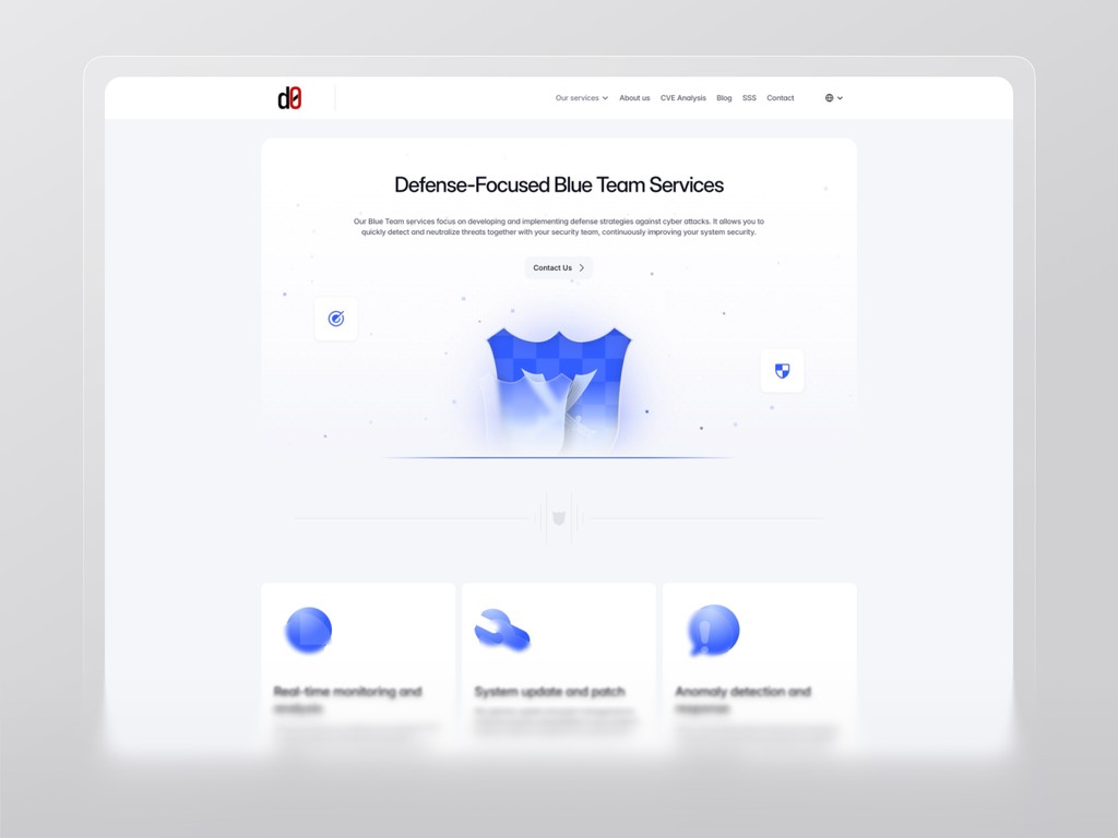 Defendzero Blue Team service page highlighting monitoring tools and real-time protection features