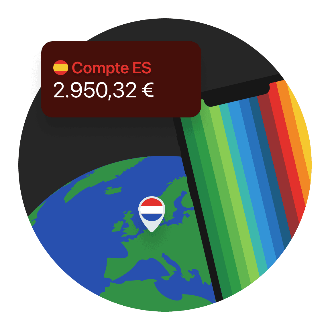 Globe avec des cartes bunq empilées montrant des soldes en EUR, USD et AUD.
