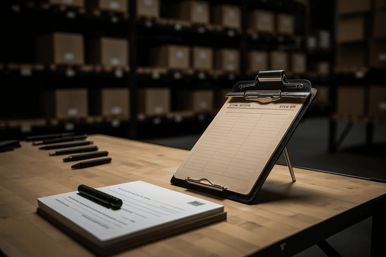 Une planchette avec une feuille de suivi posée sur une table dans un entrepôt rempli de cartons, symbolisant la préparation logistique et les enjeux pour les vendeurs pendant le Black Friday.