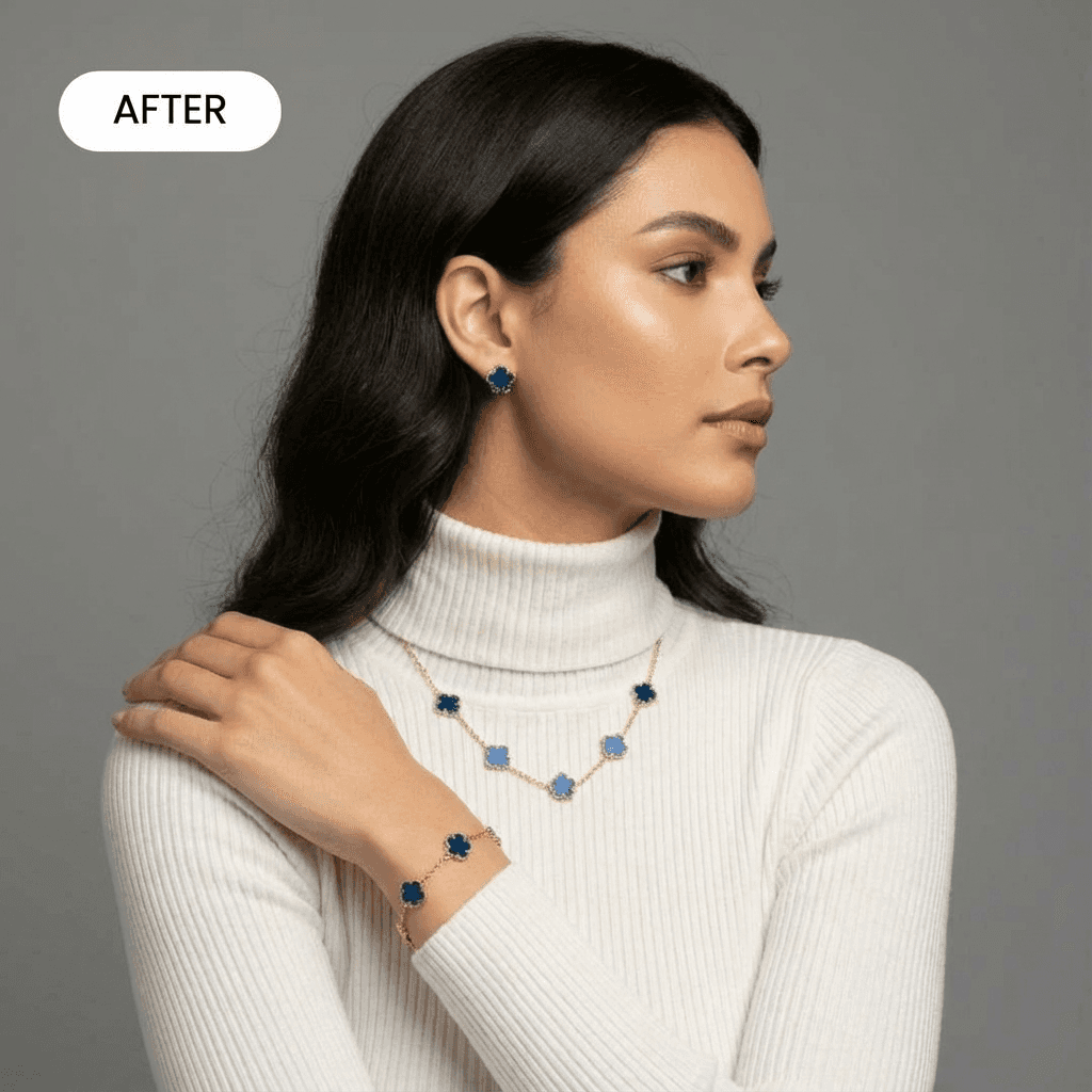 AI model wearing the jewellery set in a grey studio, side view