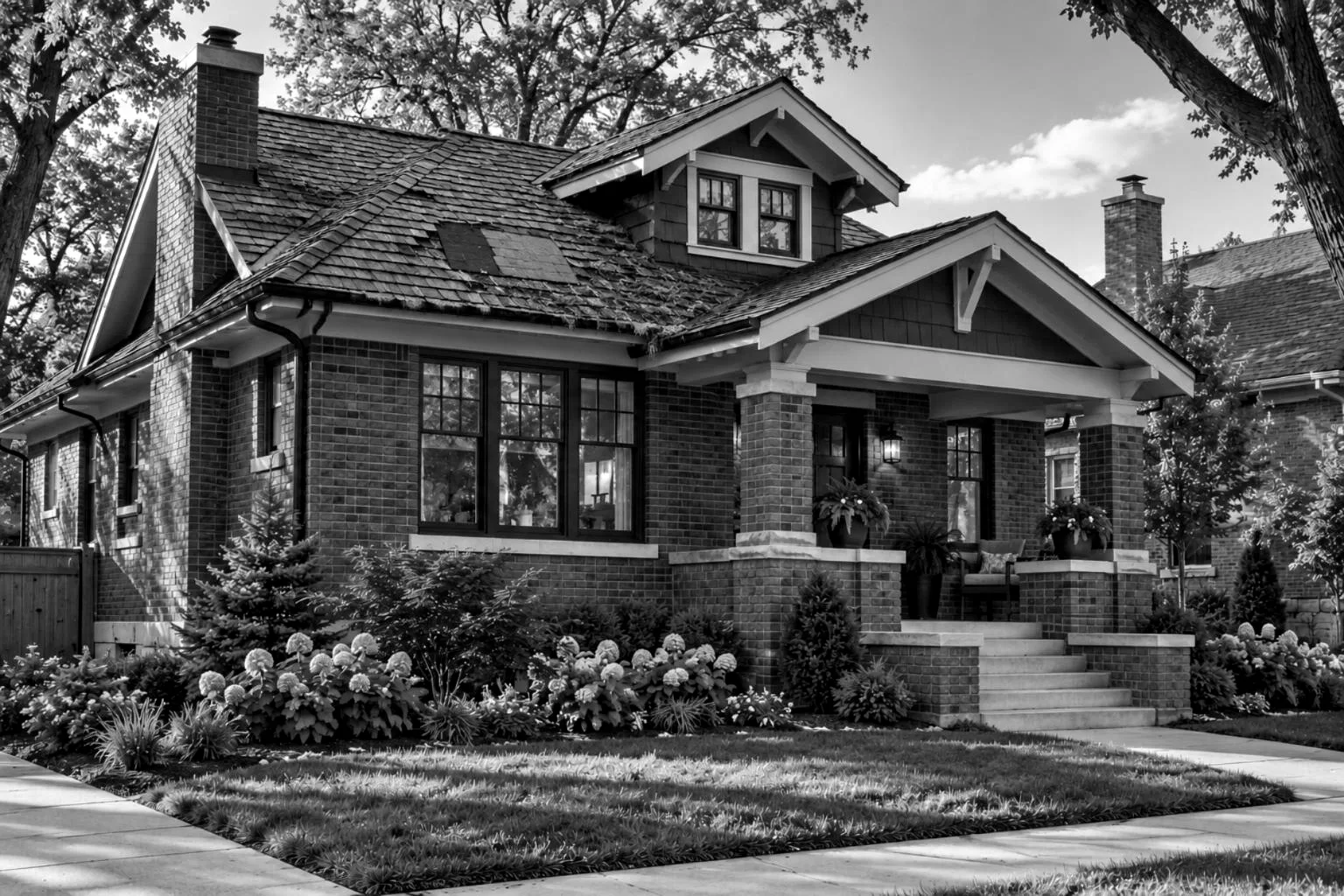 Brick bungalow before: old, worn and patched shingle roof