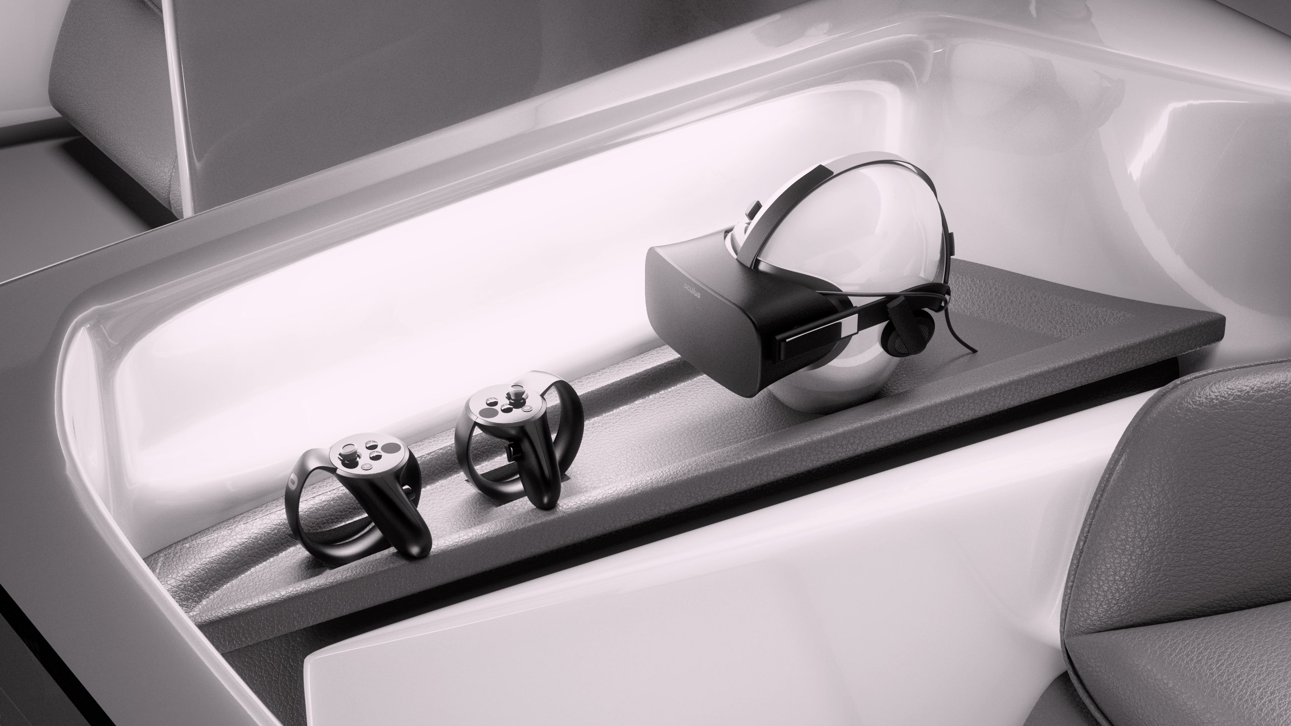 A virtual reality headset with motion controllers rests on a sleek, modern tray inside a futuristic vehicle interior, showcasing cutting-edge technology and innovation in immersive entertainment.