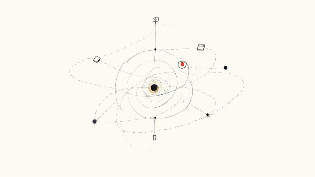 An abstract illustration of an intricate system with a central dark core and multiple orbiting elements on a light background.