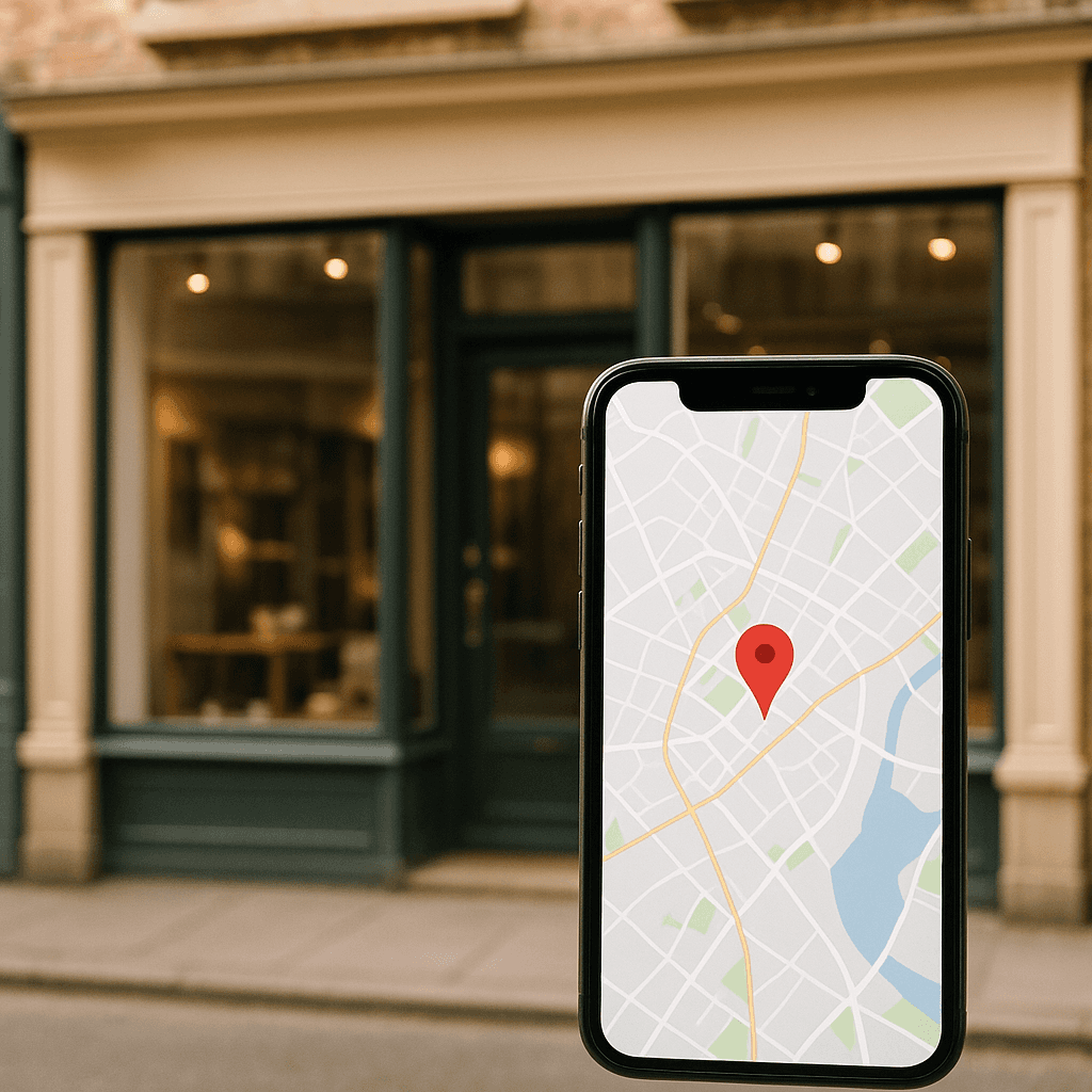 Een foto van een lokale winkel aan de straat met mooie etalages en borden, zonder mensen.