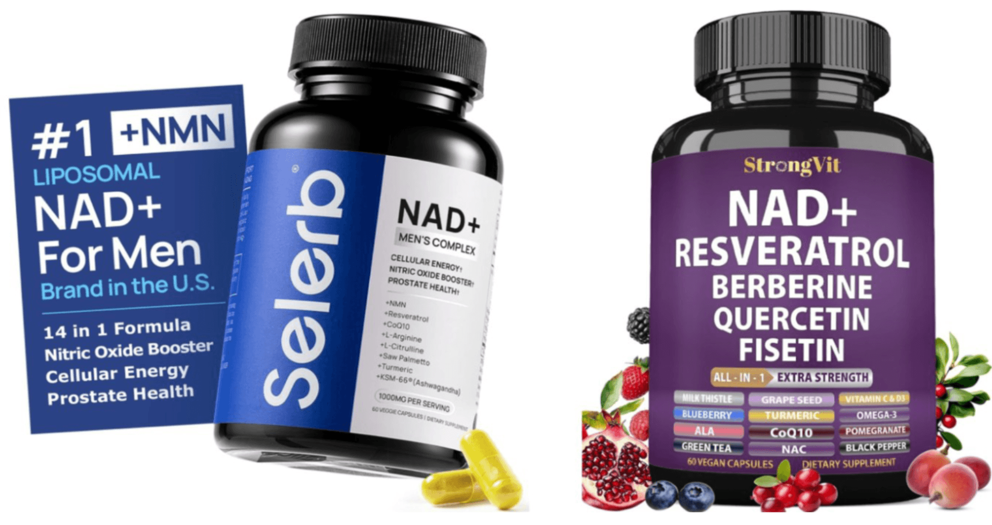 An NAD+ supplement made for men, next to a general NAD+ supplement