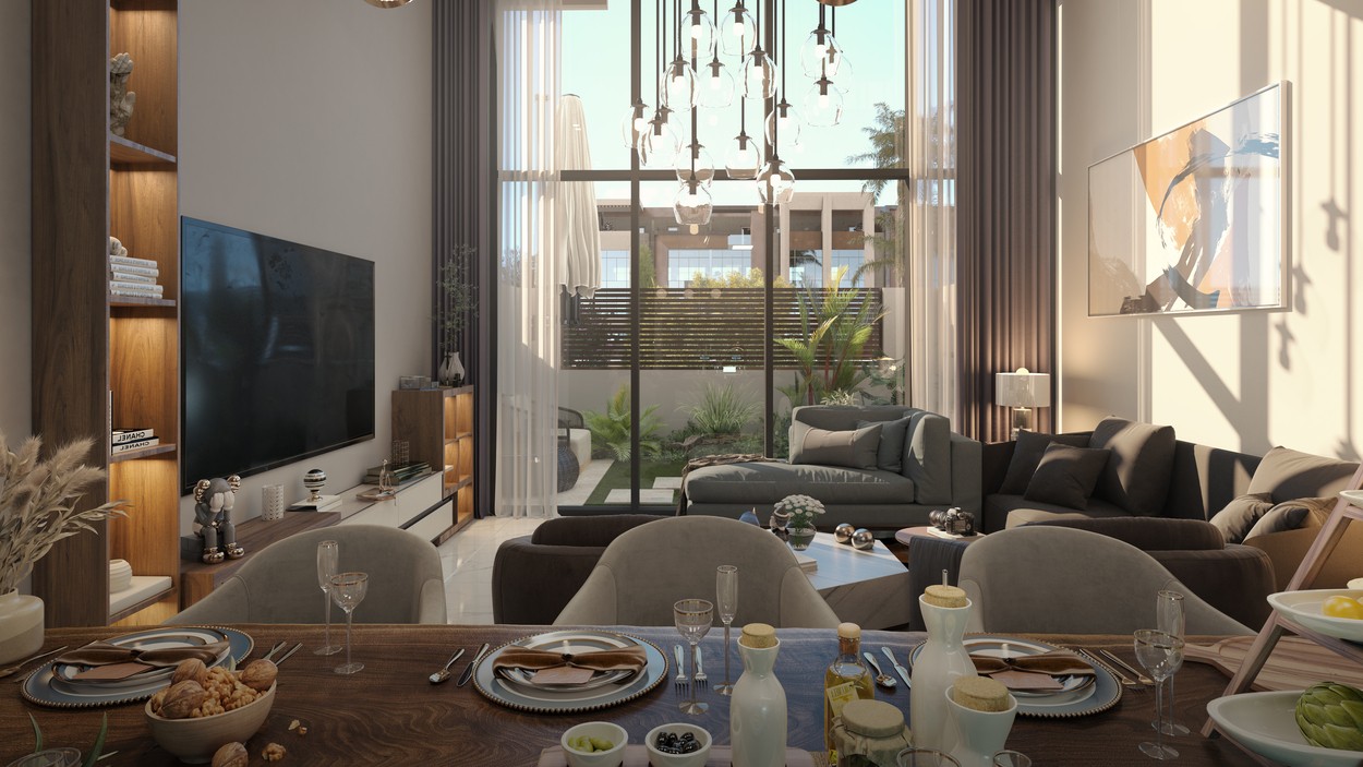 A modern living room featuring a large window that allows natural light to fill the space.