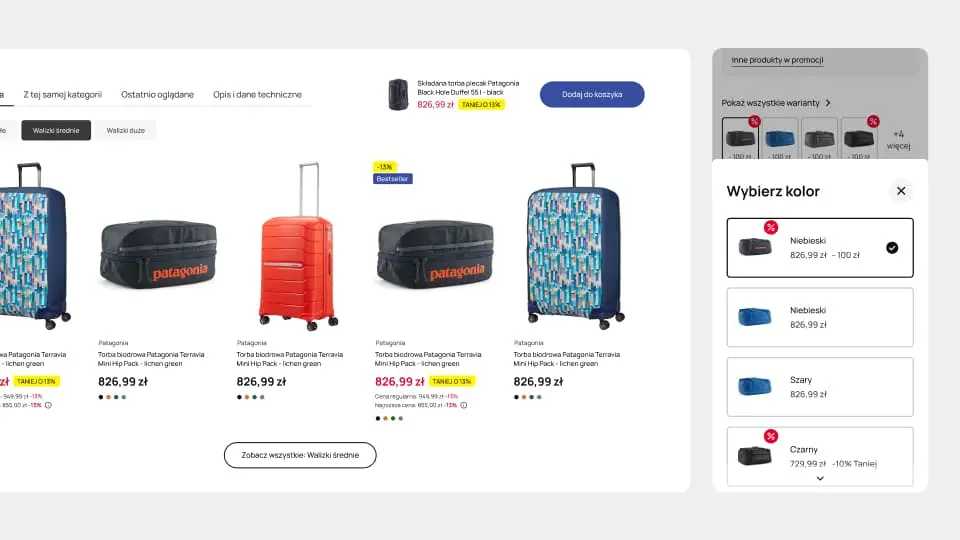 Desktop and mobile UI design showcase for a luggage store, featuring a product grid and a "Select color" modal for variant selection.