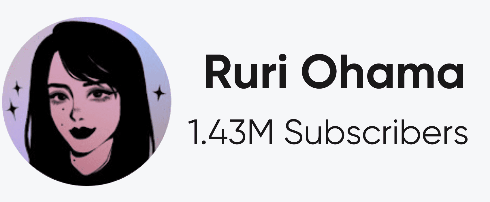 A close-up of the YouTube creator "Ruri Ohama." It shows a circular profile picture with a stylized illustration of a woman with dark hair and pale skin. The profile picture has a light purple background with small white stars. To the right of the profile picture is the text "Ruri Ohama" and "1.43M Subscribers." The image has a light gray background.