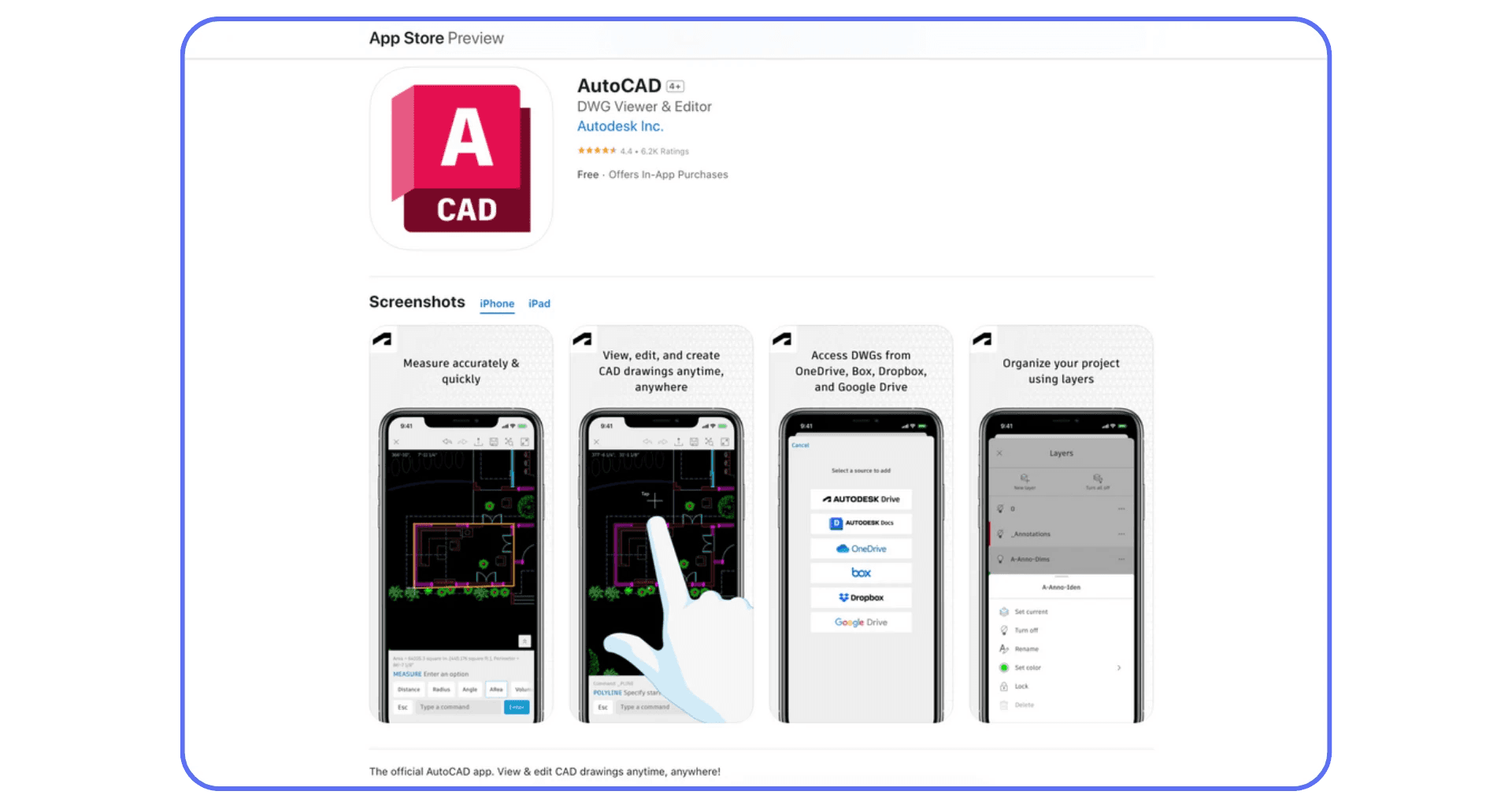 AutoCAD mobile app preview on the App Store showing interface screenshots for CAD drawing, measuring, and file management.