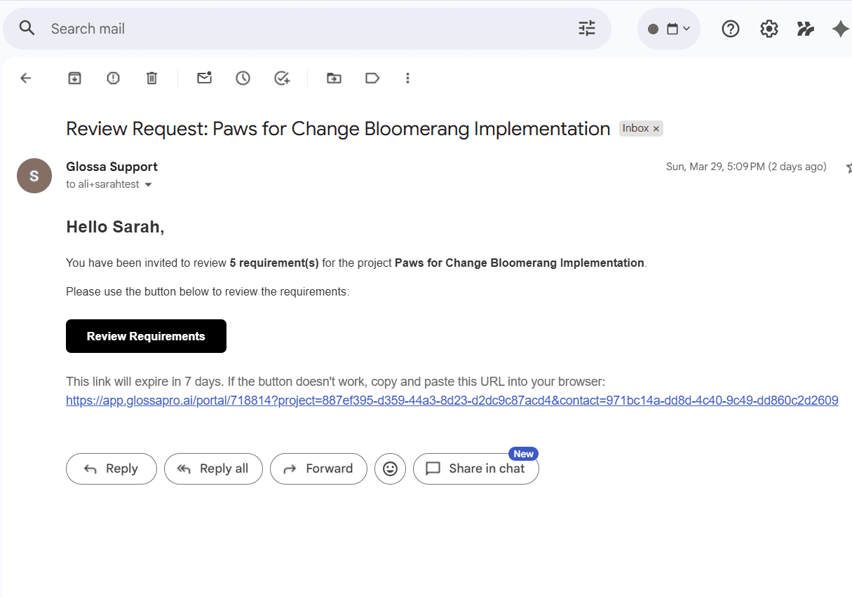 Email with a magic link that shows what a client will click on to access the portal