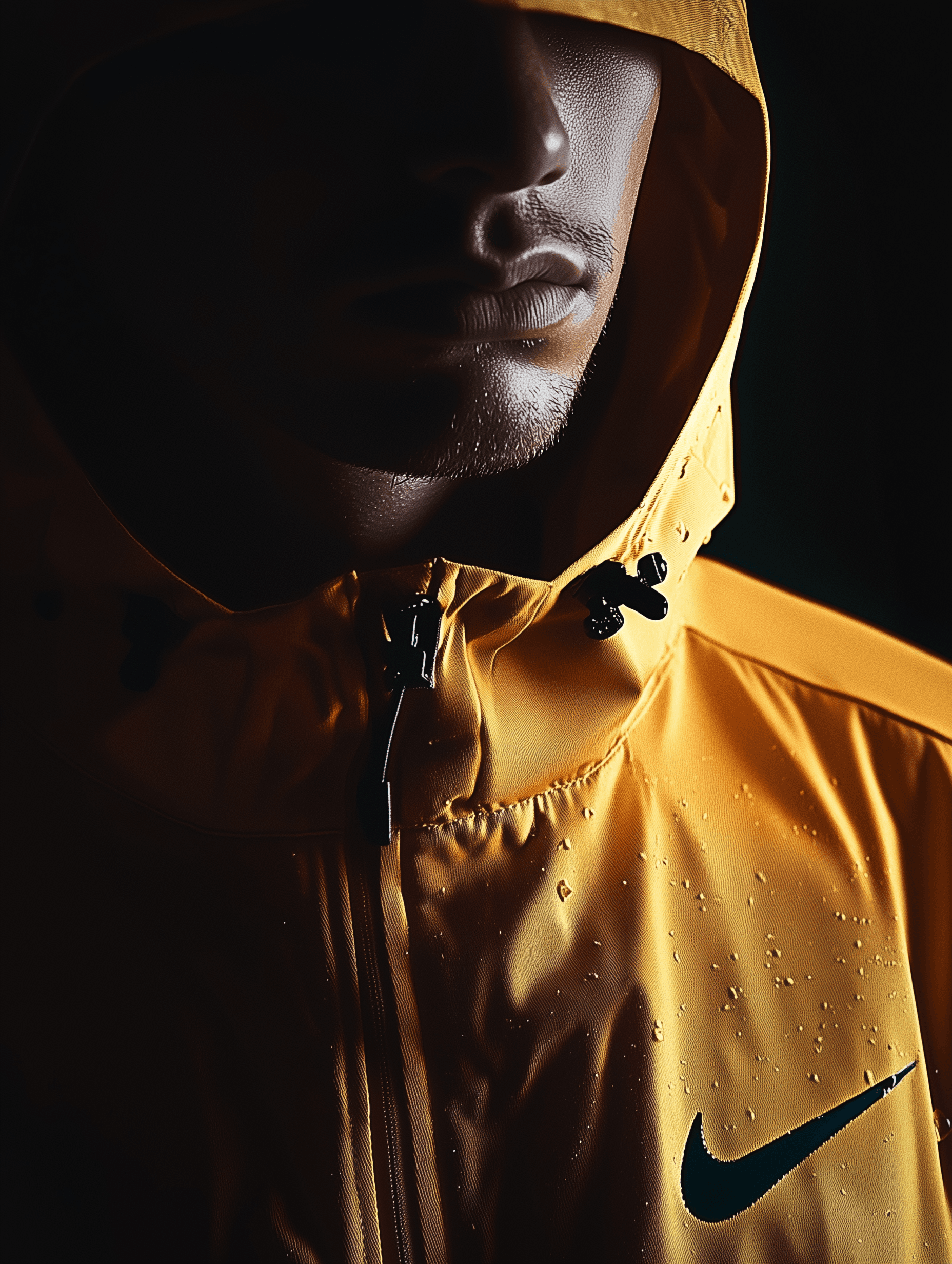 A close-up of a Nike gold jacket, A close-up of a Nike sportswear hoodie, against a dark background with a soft focus and grainy filter., magazine cover-style appearance at high resolution., with a shallow depth of field and golden hour lighting. This fashion photography is a product advertisement for Nike brand . A man wears a yellow Nike jacket with a hooded collar