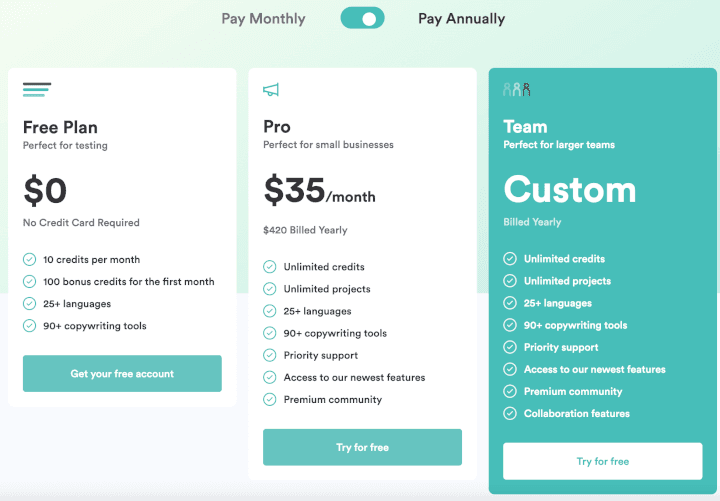 Copy.ai's pricing plan