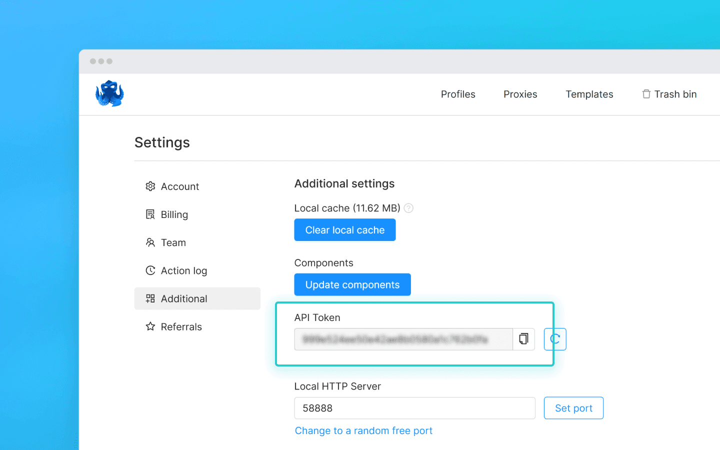 API token is displayed in Octo Browser
