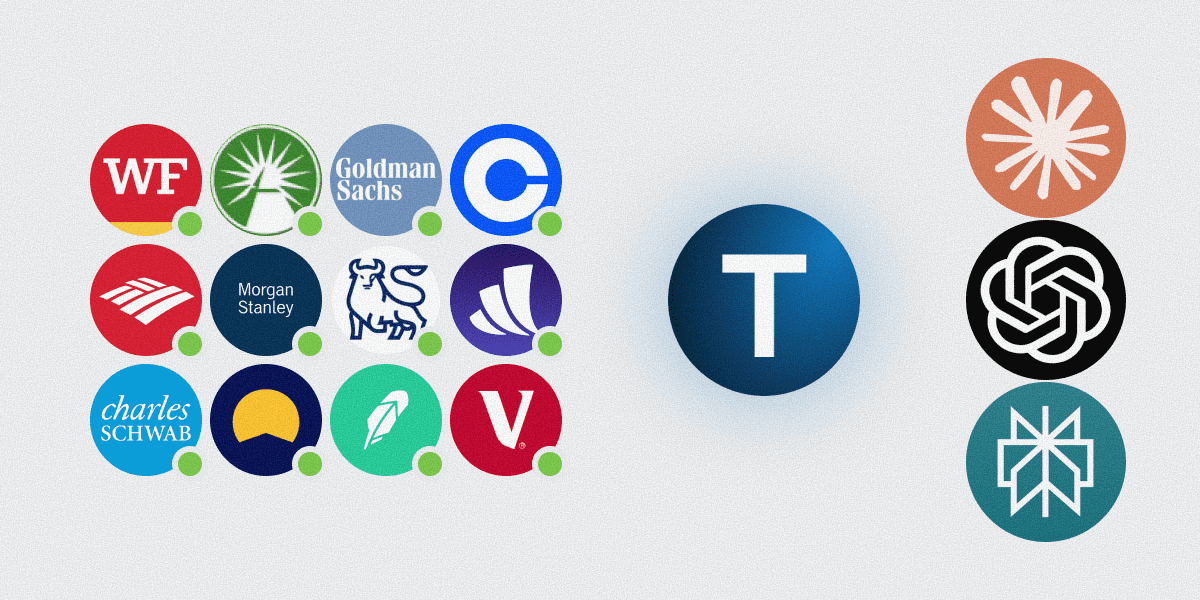A clean dashboard interface showing financial account data flowing into an AI chat window