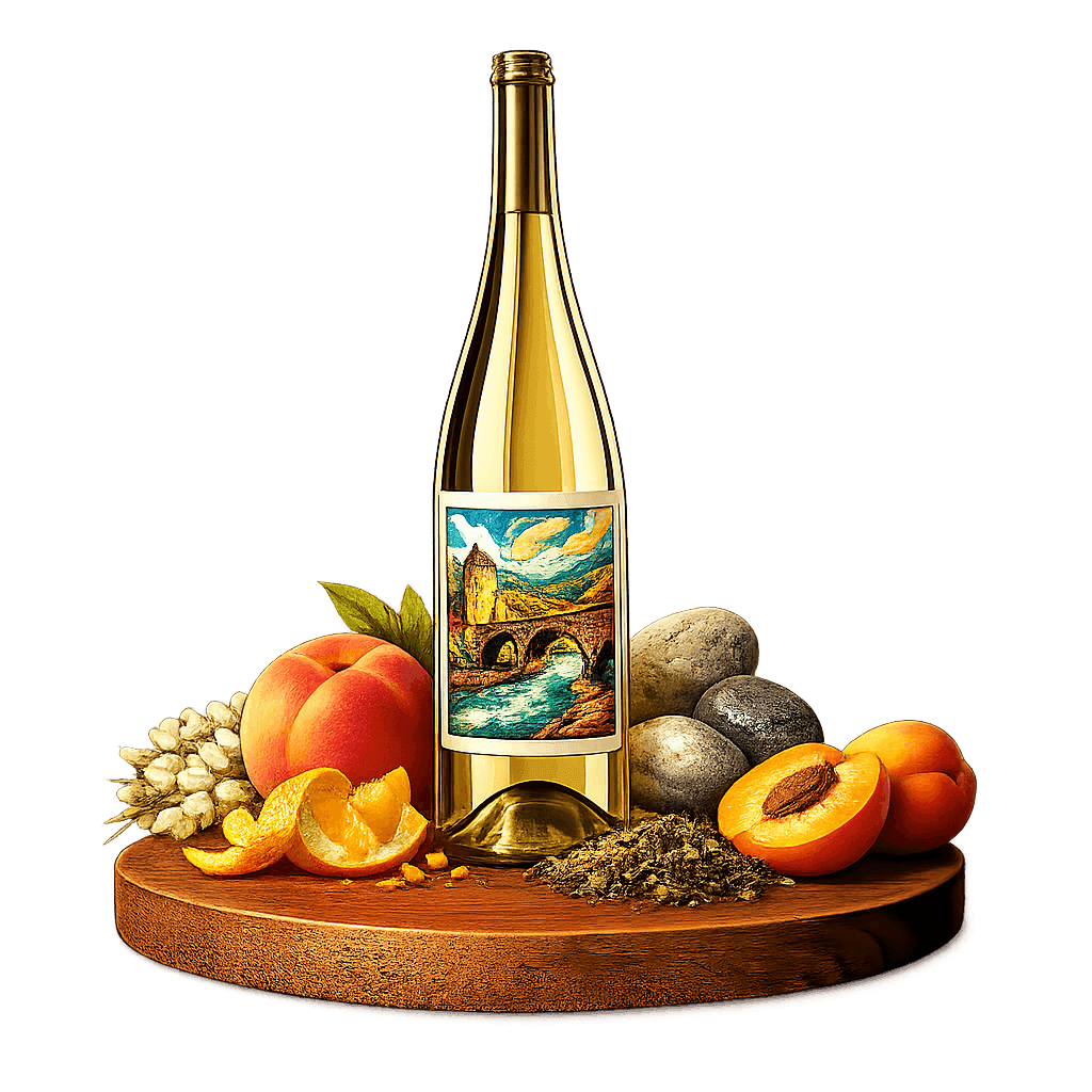 Artistic label and flavor profile for Vipava Valley White Blend on a rustic wooden table.