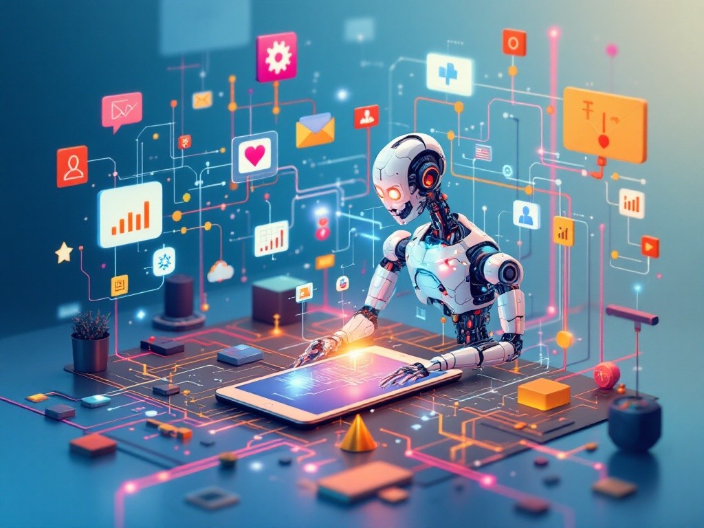 A robot sits at a desk with a tablet, surrounded by digital icons and connections, symbolizing its interaction with various data streams and online platforms.