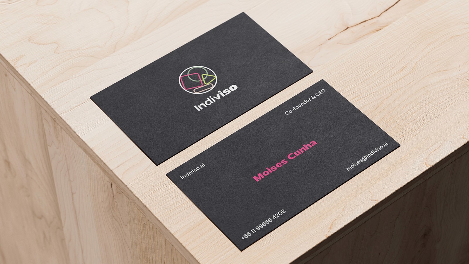 Business cards mockup featuring logo on one side, name, role, phone number and email on other side