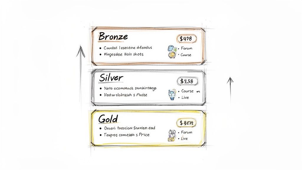 Sketch-style pricing table showing Bronze, Silver, and Gold membership tiers with features and prices.
